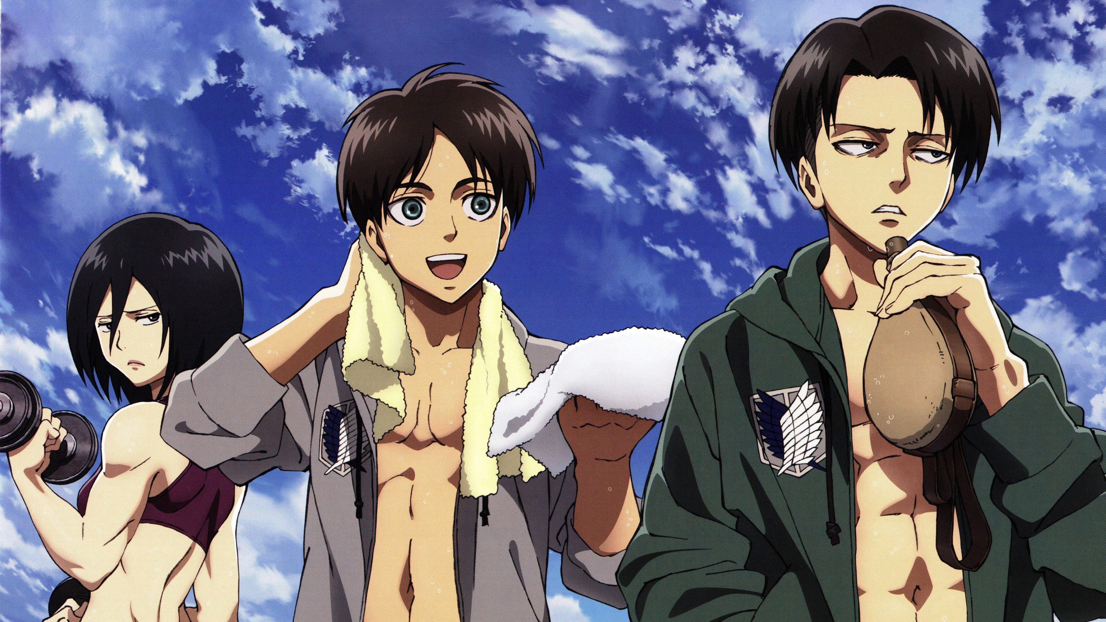 Levi 桌布 壁紙 — 三個動漫角色站在明亮的藍天下，有蓬鬆的白雲，兩個赤裸上身，肩上搭著毛巾，一個拿著啞鈴，另一個拿著號角。