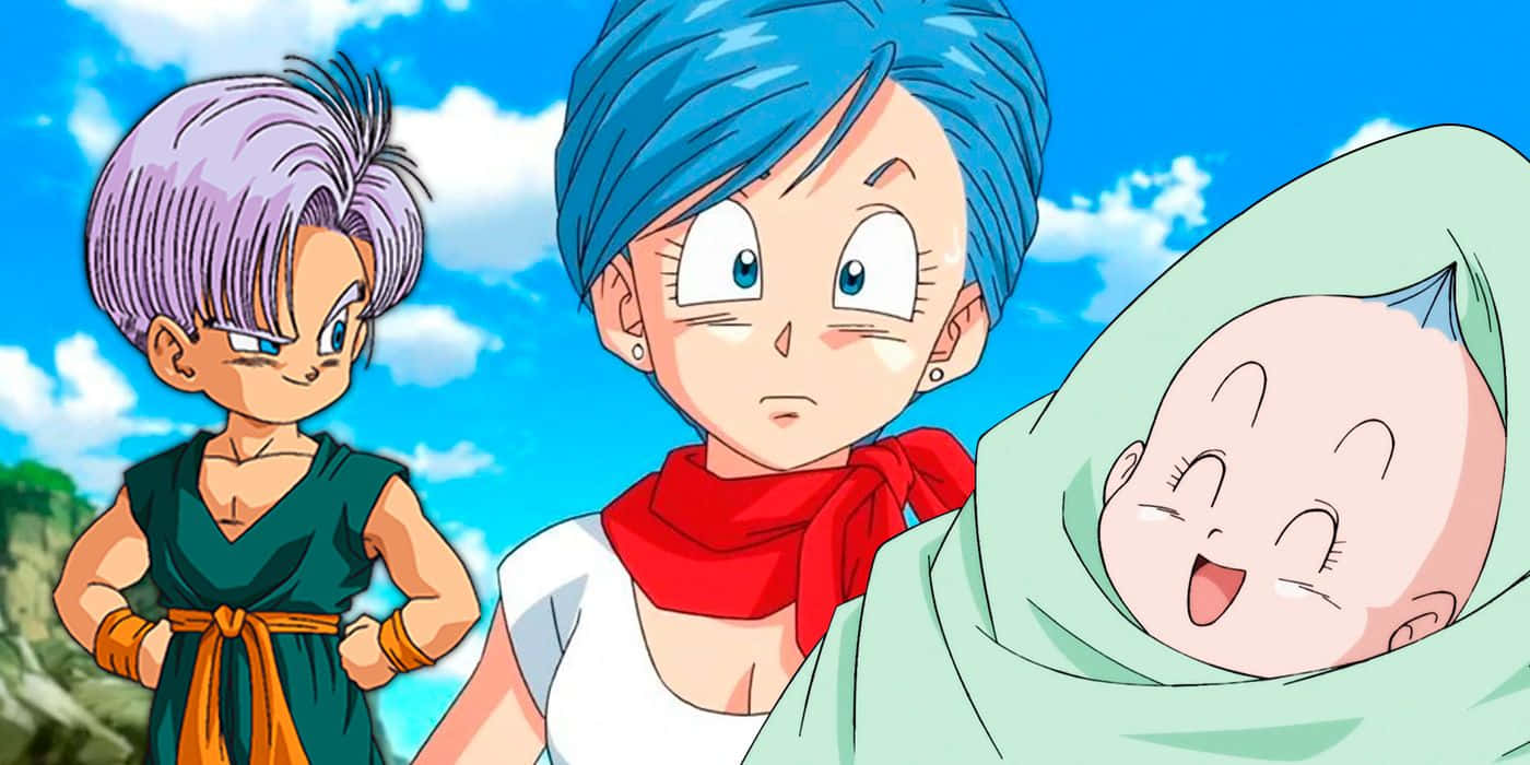 Vegeta's Family 桌布 壁紙 — 三個動漫角色站在明亮的藍天下，有蓬鬆的雲朵，其中一個抱著一個用綠色布包裹的微笑嬰兒。