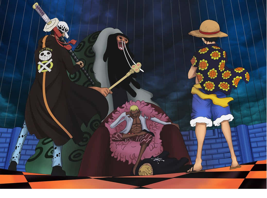 Dressrosa 桌布 壁紙 — 三個動漫角色站在棋盤格地板上，在黑暗暴風雨的天空下淋雨，還有一個穿著粉紅色毛皮的坐著的人物。