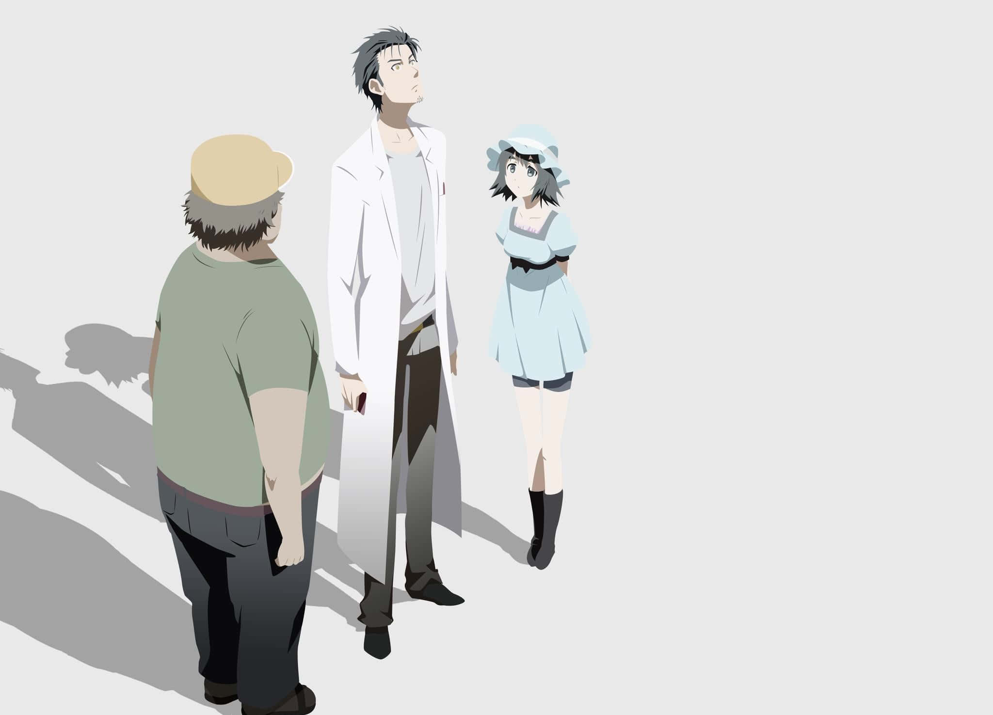 Mayuri Shiina 桌布 壁紙 — 三個動漫角色站在簡約的白色空間中，在明亮光線下投射出長長的影子。