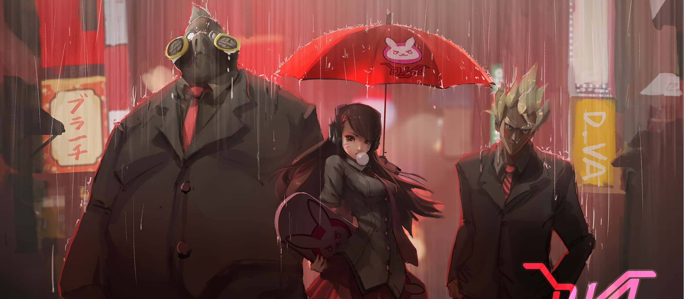 Overwatch Roadhog 桌布 壁紙 — 三個動漫角色站在紅色雨傘下，身處雨中的霓虹燈街道，周圍有發光的招牌和落下的雨滴。