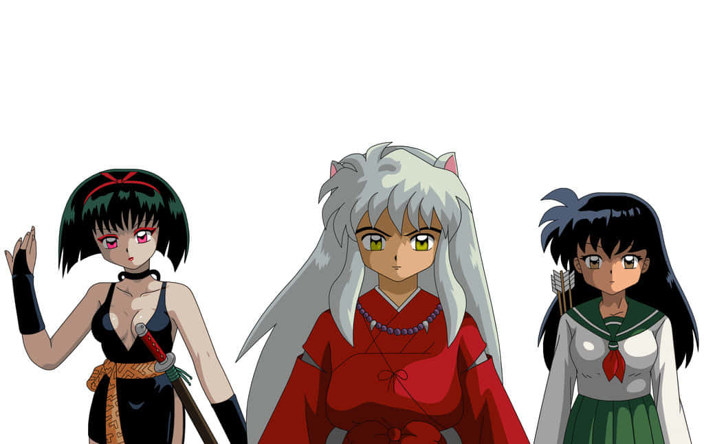 Inuyasha Yura 桌布 壁紙 — 三個動漫角色站在純白色背景前，一個有綠色眼睛和銀色頭髮，另一個有黑色頭髮和紅色眼睛，第三個有深色頭髮和校服。
