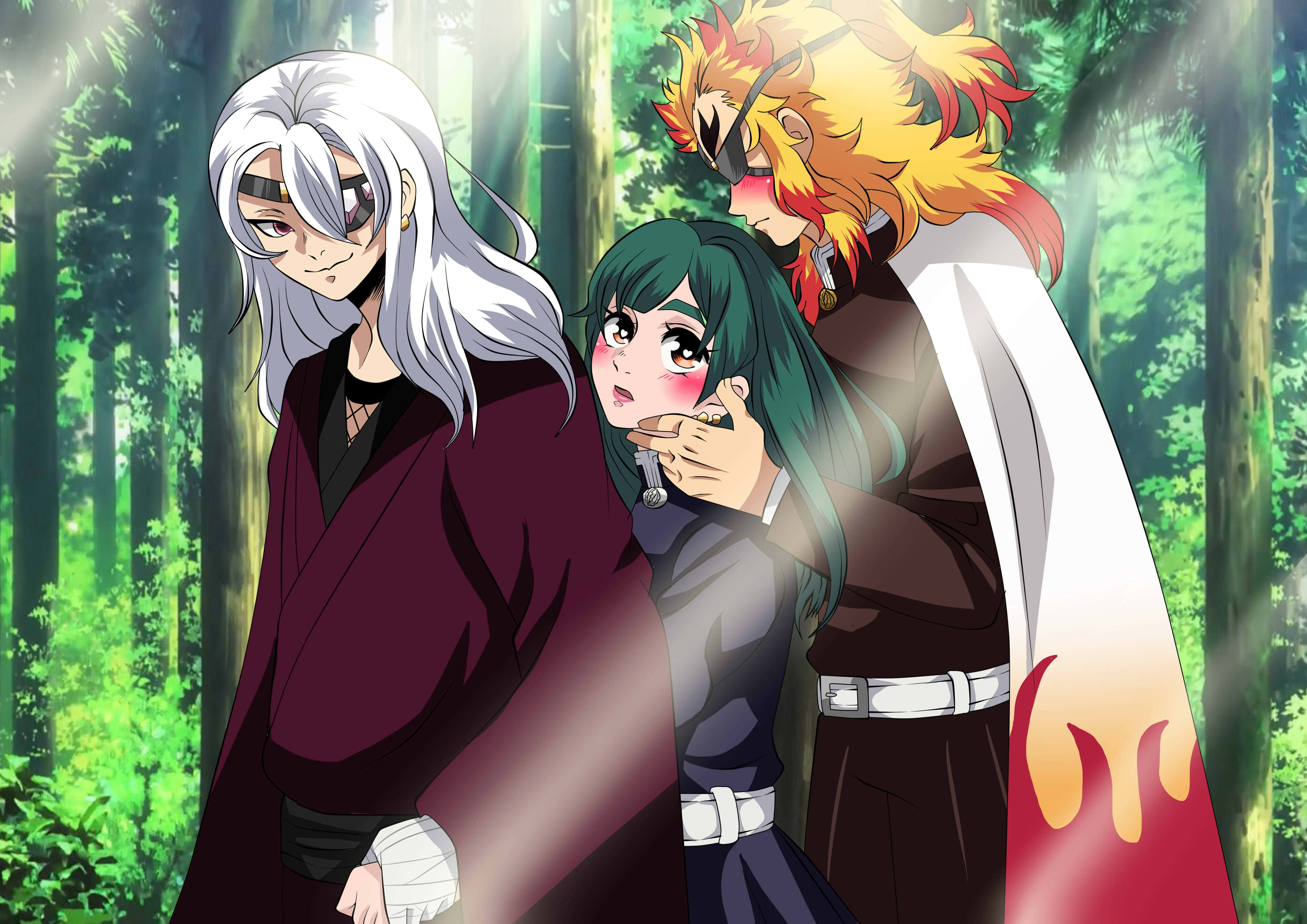 Rengoku And Tengen 桌布 壁紙 — 三個動漫角色站在陽光普照的森林中，有充滿活力的綠色樹木和戲劇性的燈光。