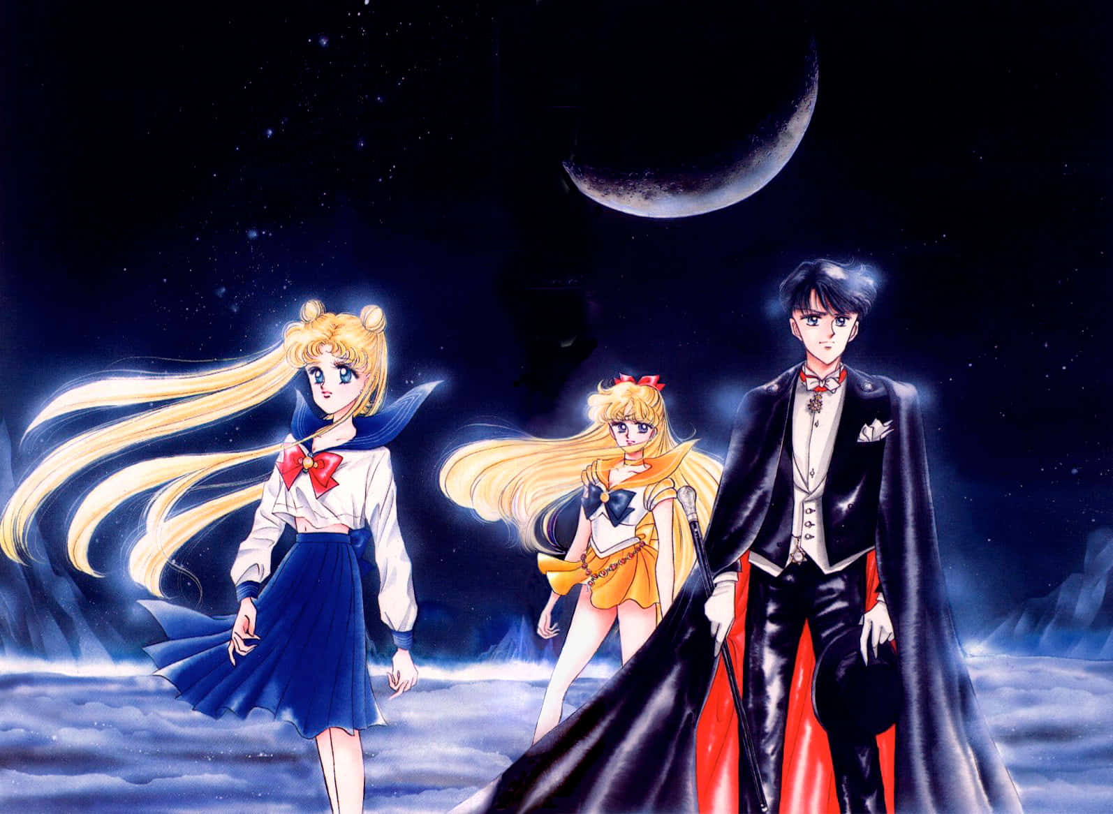 Sailor Venus 桌布 壁紙 — 三個動漫角色站在雲端上，下方是新月，背景是星空夜空。