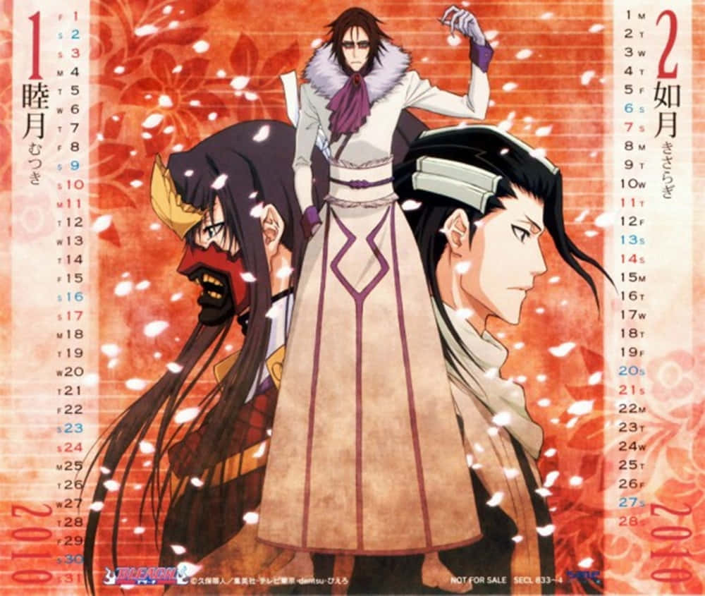 Bleach Muramasa 桌布 壁紙 — 三個動漫角色站在飄落的櫻花中，背景是鮮豔的紅色花卉圖案和日曆文字。
