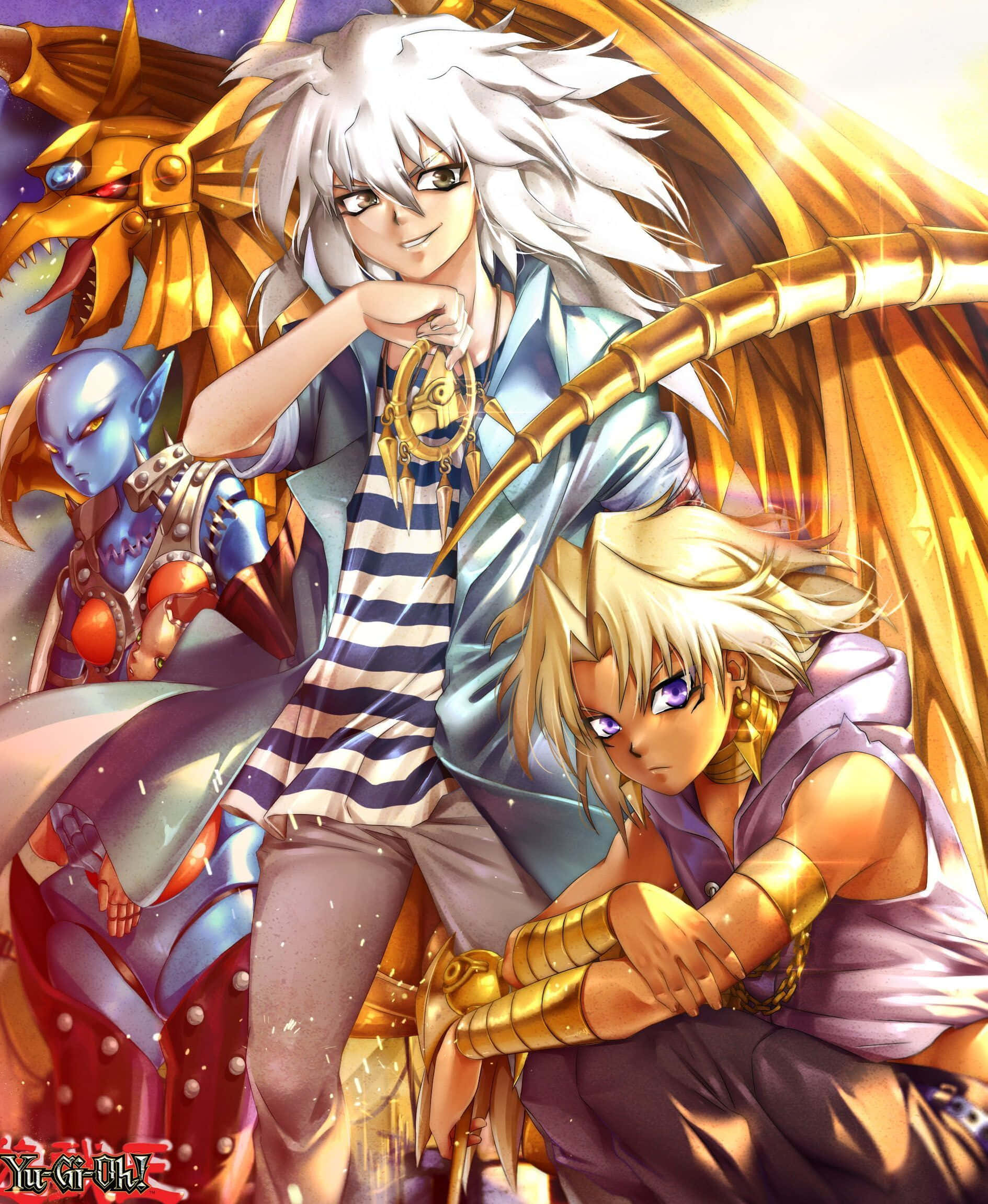 Marik Ishtar 桌布 壁紙 — 三個動漫角色與龍在充滿動感的金色場景中，眼睛發光，頭髮飄逸。