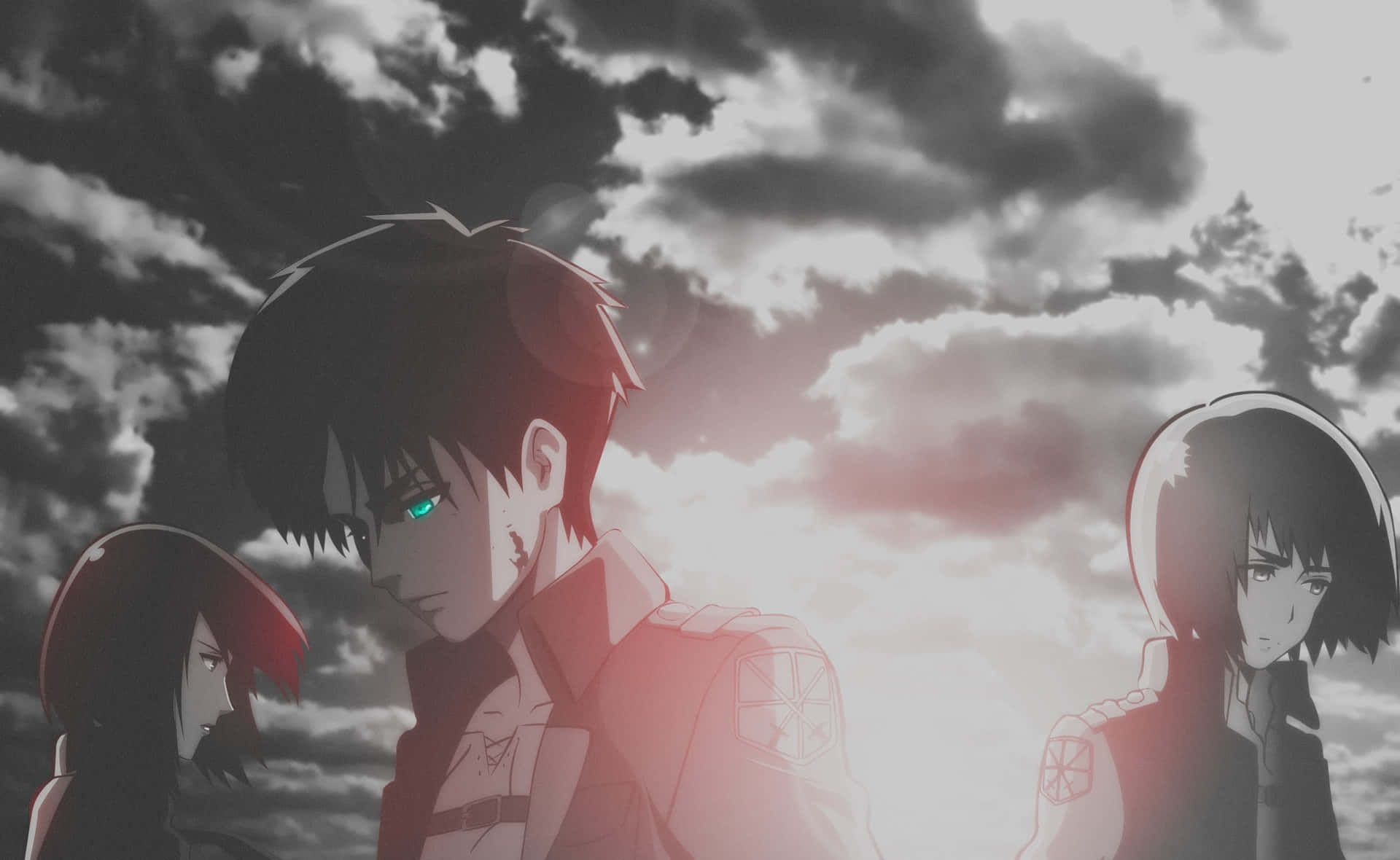 Attack On Titan Season 1 桌布 壁紙 — 三個動漫角色莊嚴地站在戲劇性的多雲天空下，身後是發光的日落。