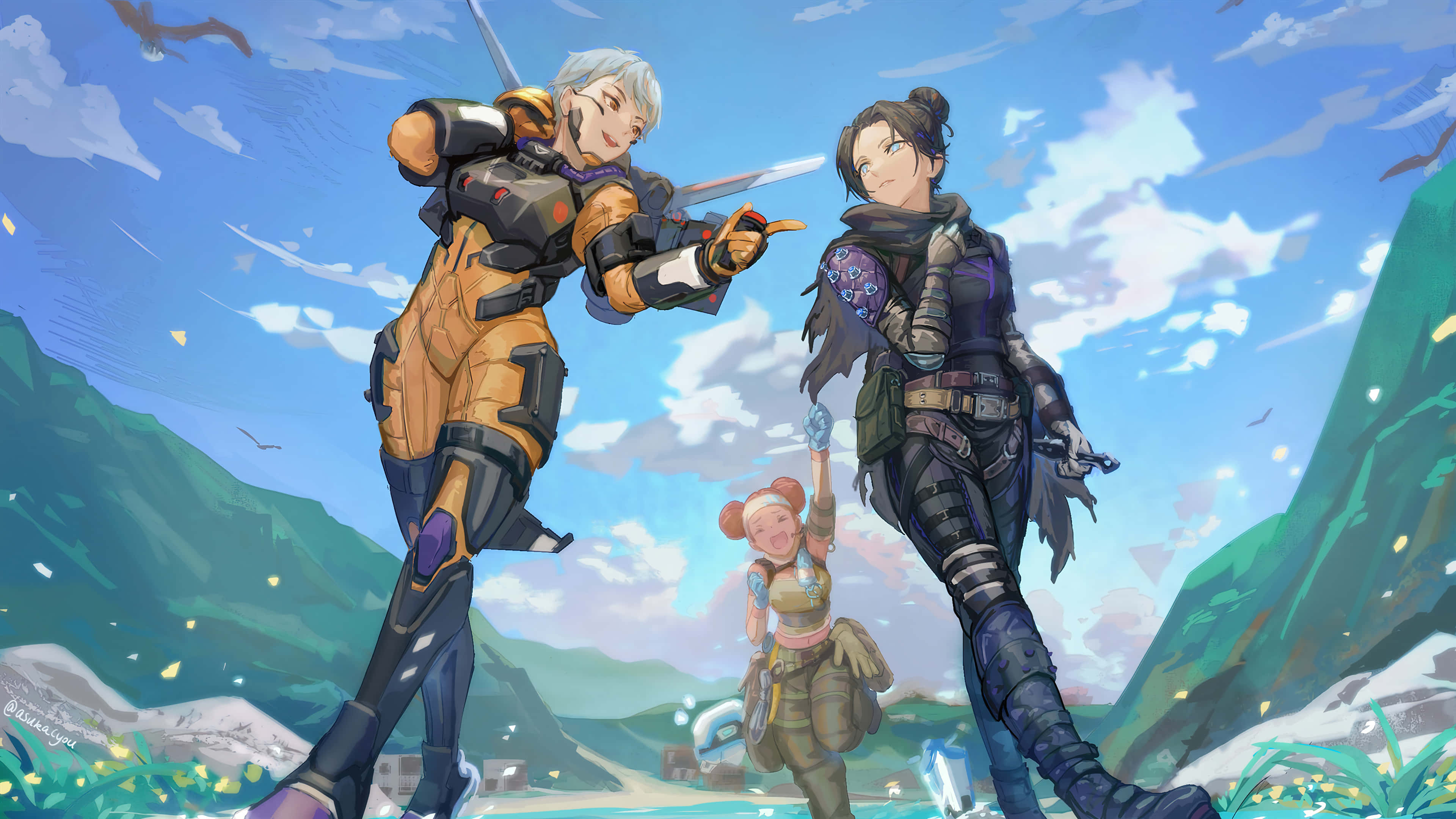 Apex Legends Characters 桌布 壁紙 — 三個動漫角色身穿戰鬥裝備，在晴朗藍天白雲下的山谷中自信站立。