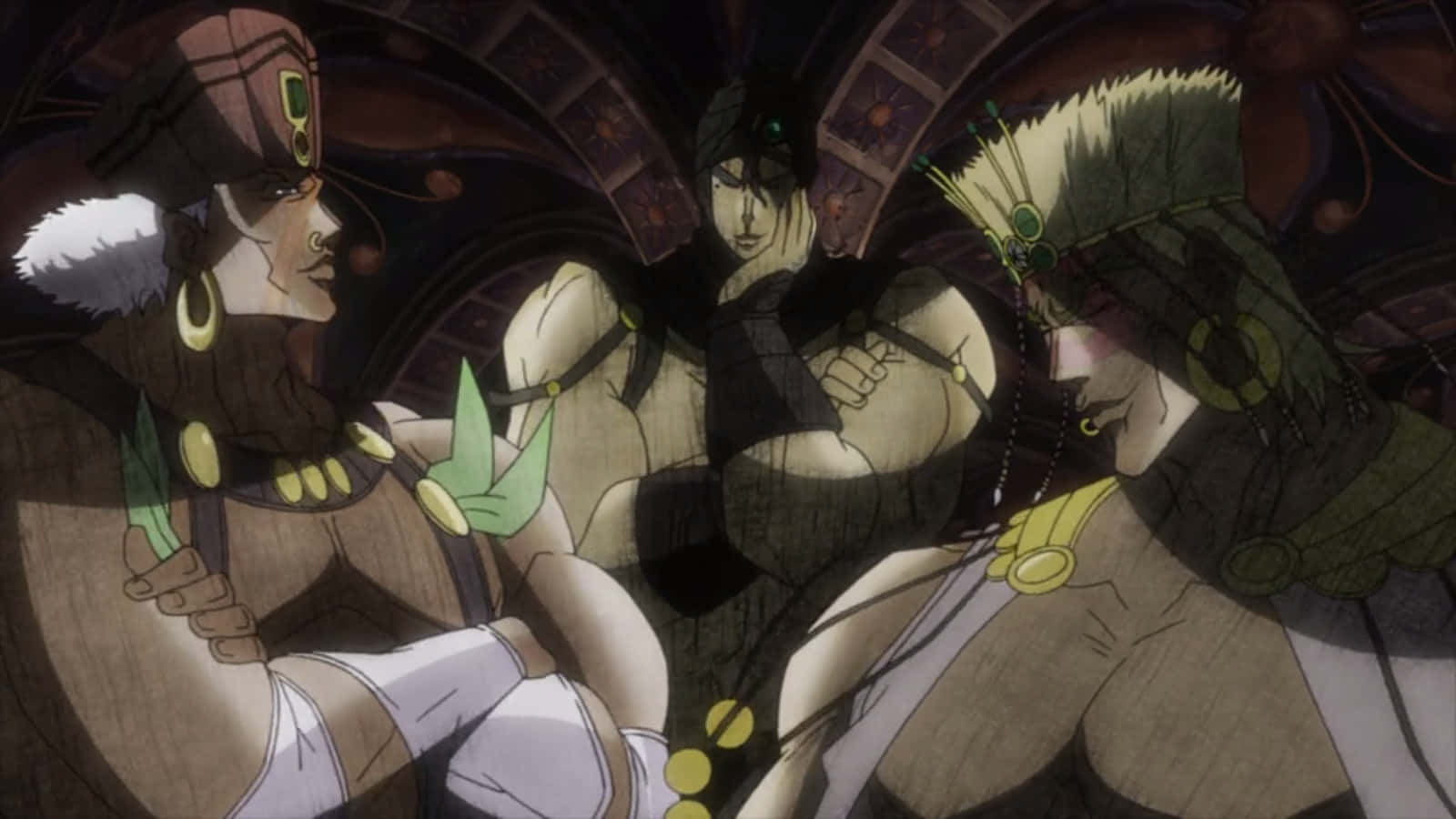 Pillar Men 桌布 壁紙 — 三個動漫角色身穿華麗的部落裝備，站在燈光昏暗、圖案複雜的房間中，光線效果戲劇化。