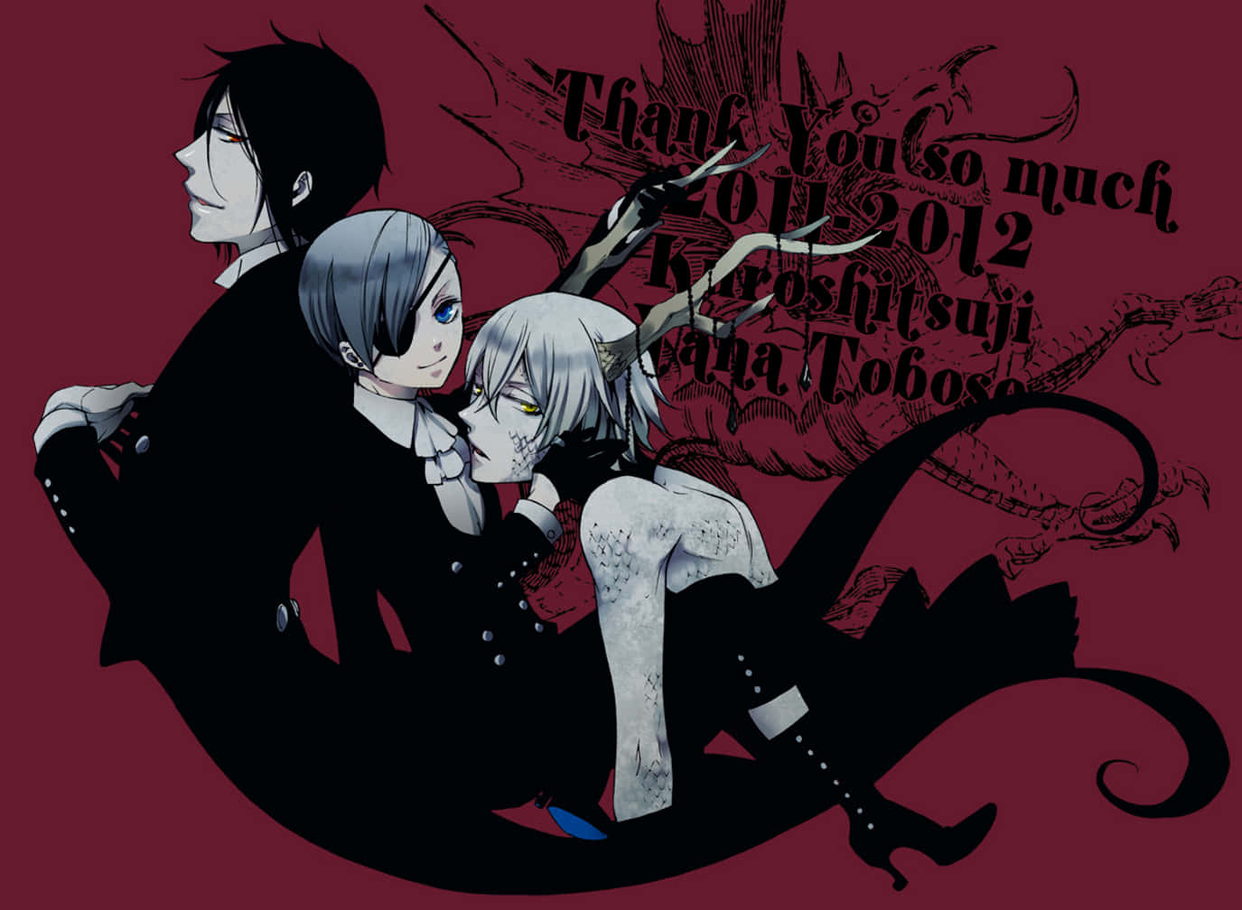 Black Butler Snake 桌布 壁紙 — 三個動漫角色身穿黑色正裝，在深紅色背景上帶有龍紋和文字的畫面中擁抱。