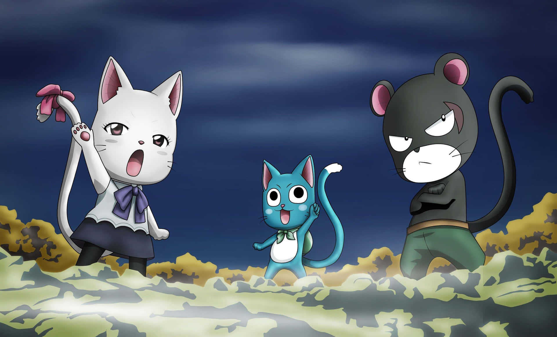 Fairy Tail Happy 桌布 壁紙 — 三個動漫貓角色站在岩石場地上，背景是黑暗暴風雨的天空，表情豐富。