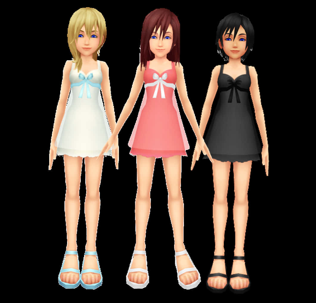 Kingdom Hearts Namine 桌布 壁紙 — 三個動漫風格嘅女仔著住相襯嘅裙，企喺黑色背景前面並排。