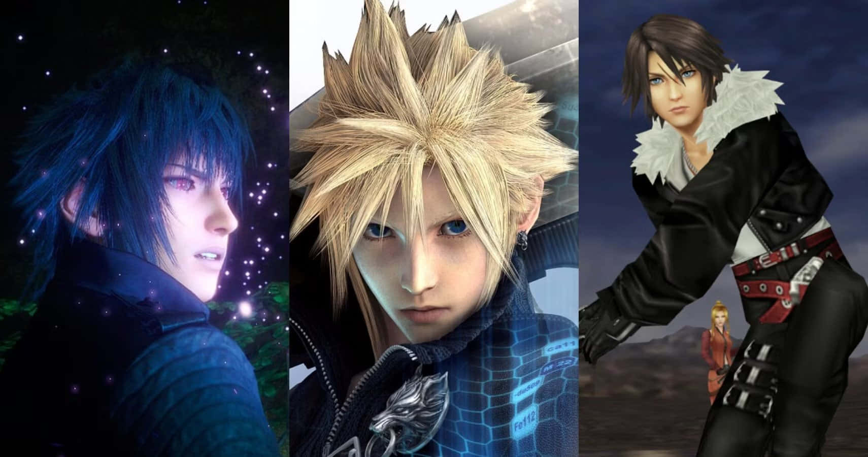 Final Fantasy Characters 桌布 壁紙 — 三個動漫風格嘅電子遊戲角色，有尖刺頭髮同精細服裝，企喺滿天星斗嘅夜空同沙漠背景前面。