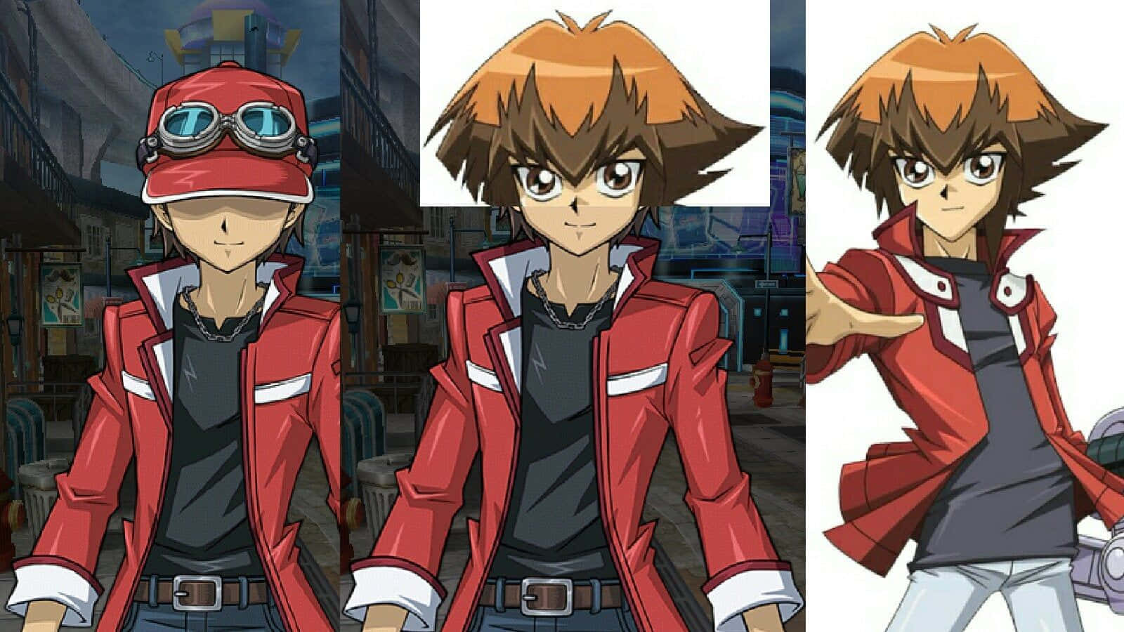 Jaden Yuki 桌布 壁紙 — 三個動漫風格姿勢，年輕男性角色身穿紅色外套，背景為城市景觀。