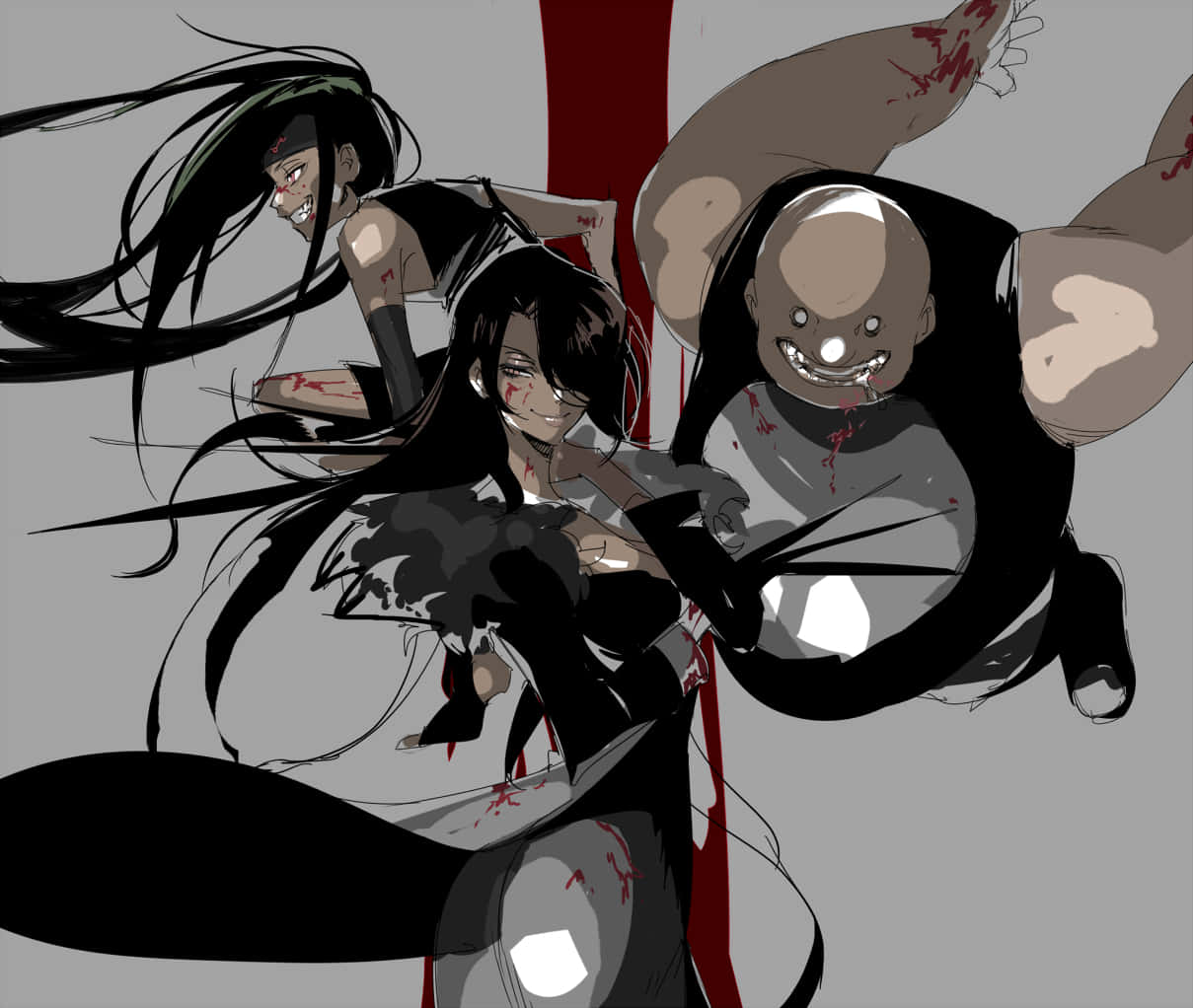 Fullmetal Alchemist Envy 桌布 壁紙 — 三個動漫風格的人物，臉上和四肢沾滿鮮血，在帶有紅色垂直條紋的單調灰色背景上動態碰撞。