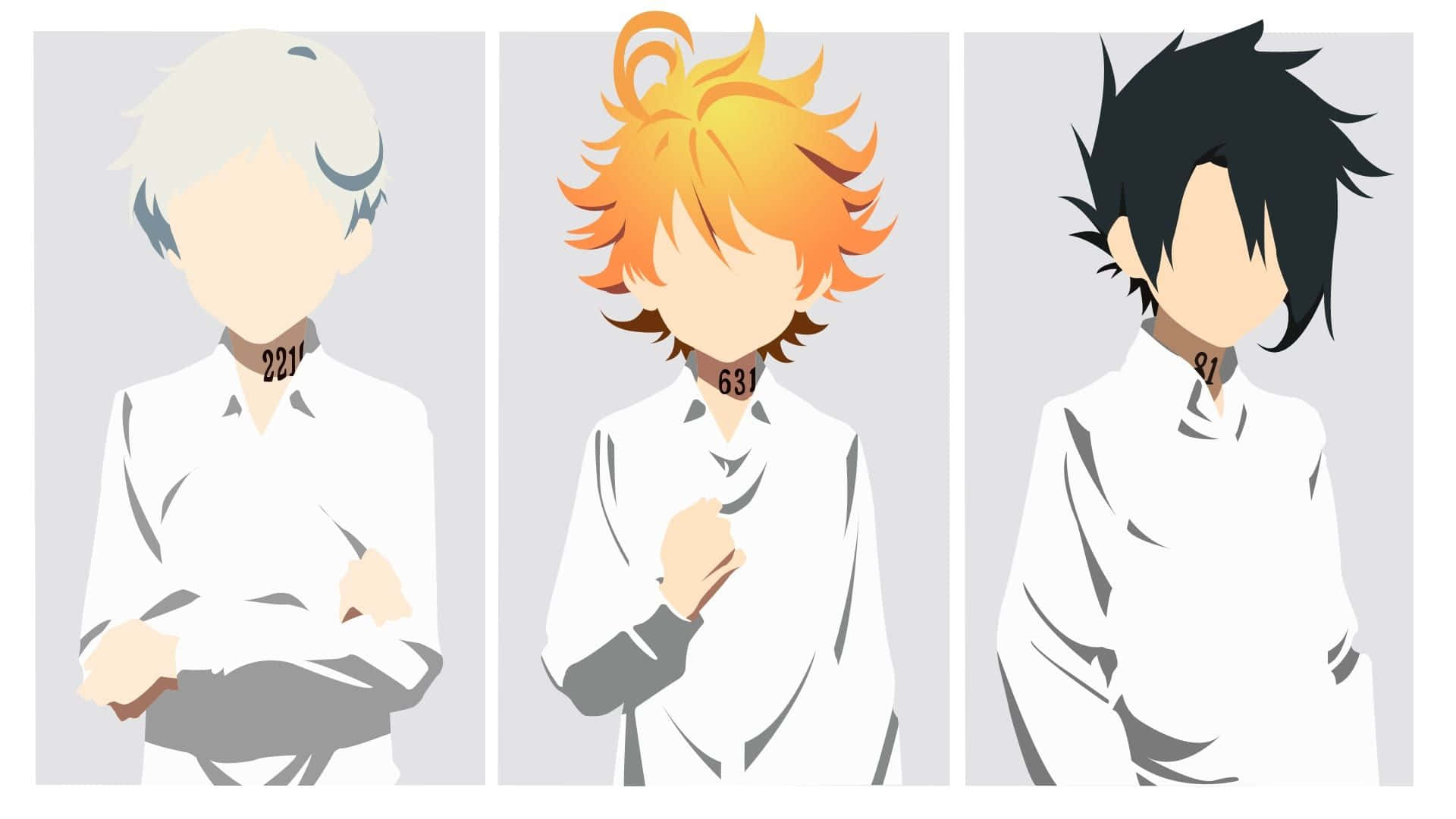 The Promised Neverland Emma 桌布 壁紙 — 三個動漫風格的男孩穿著白襯衫，戴著編號的頸標，並排站在純灰色背景前。