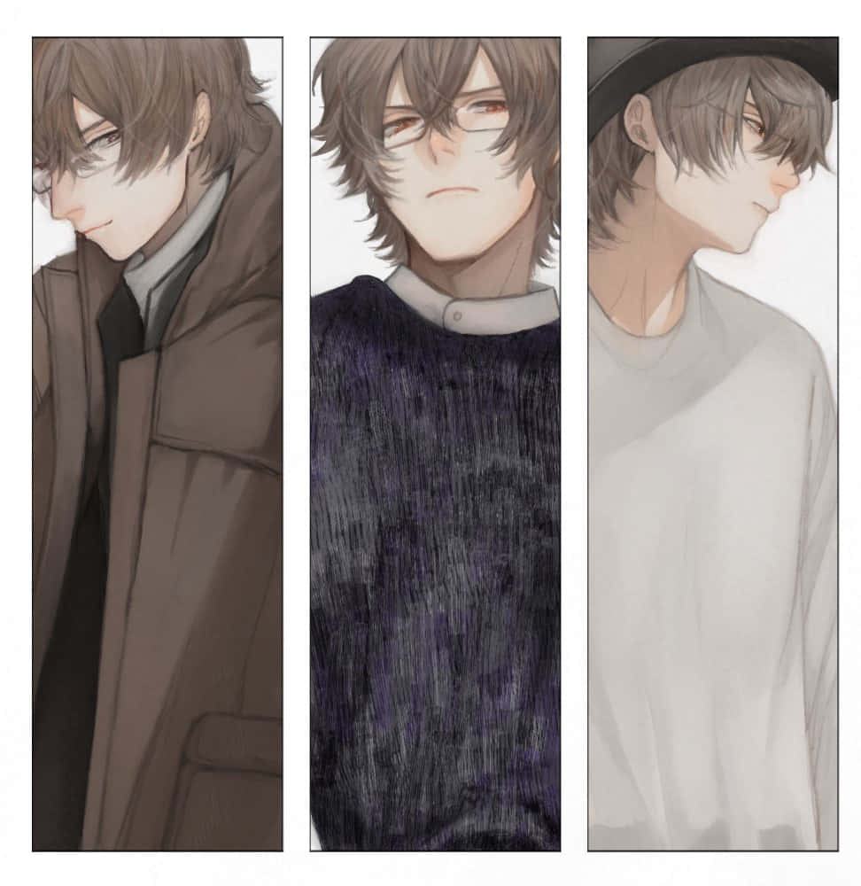 Nishiki Nishio 桌布 壁紙 — 三個動漫風格的男性角色，色調柔和，各有不同的表情和服裝，以垂直面板呈現。