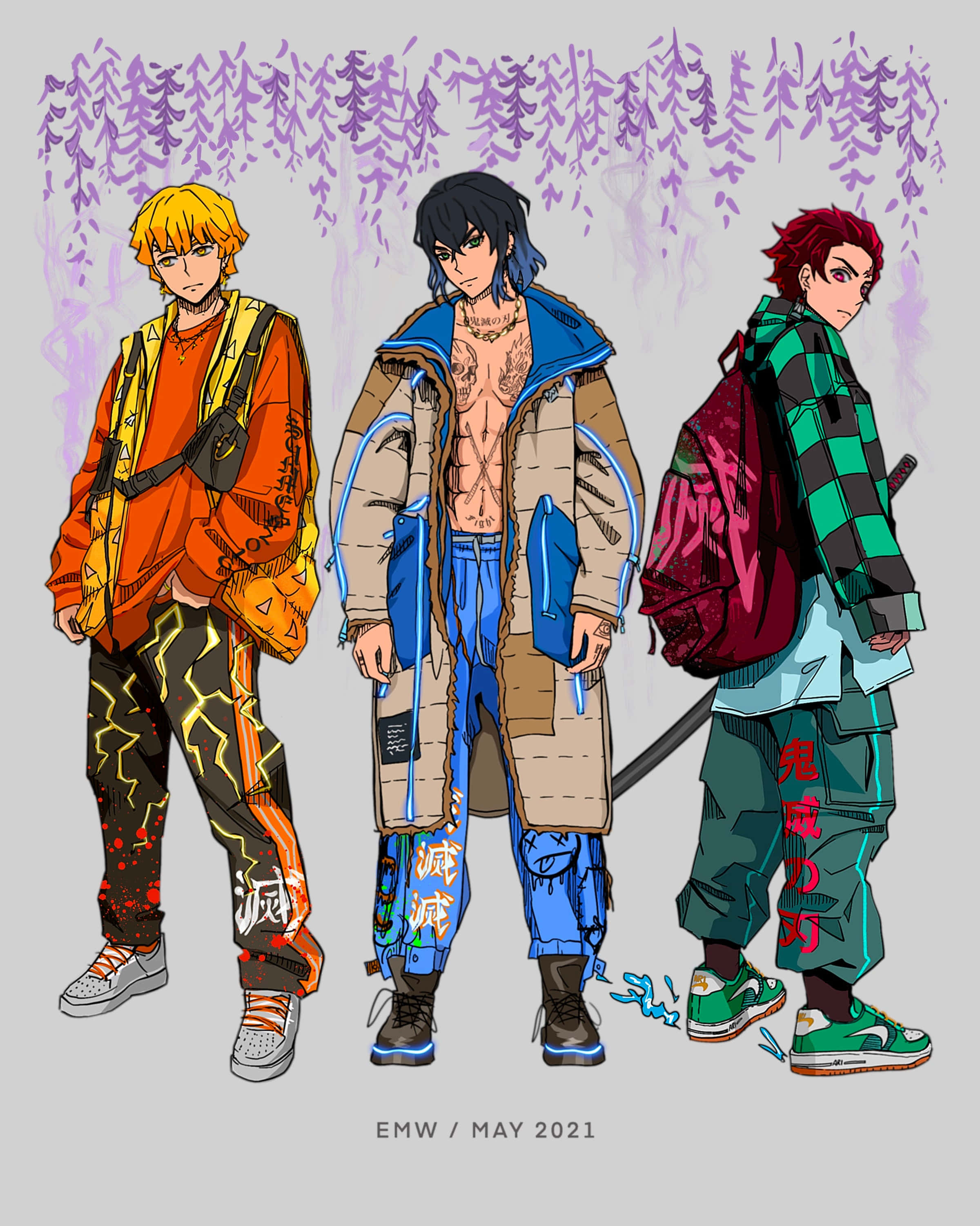 Demon Slayer Corps 桌布 壁紙 — 三個動漫風格的男性角色穿著色彩繽紛的街頭服飾，站在紫色紫藤背景前，帶有日文字幕點綴。