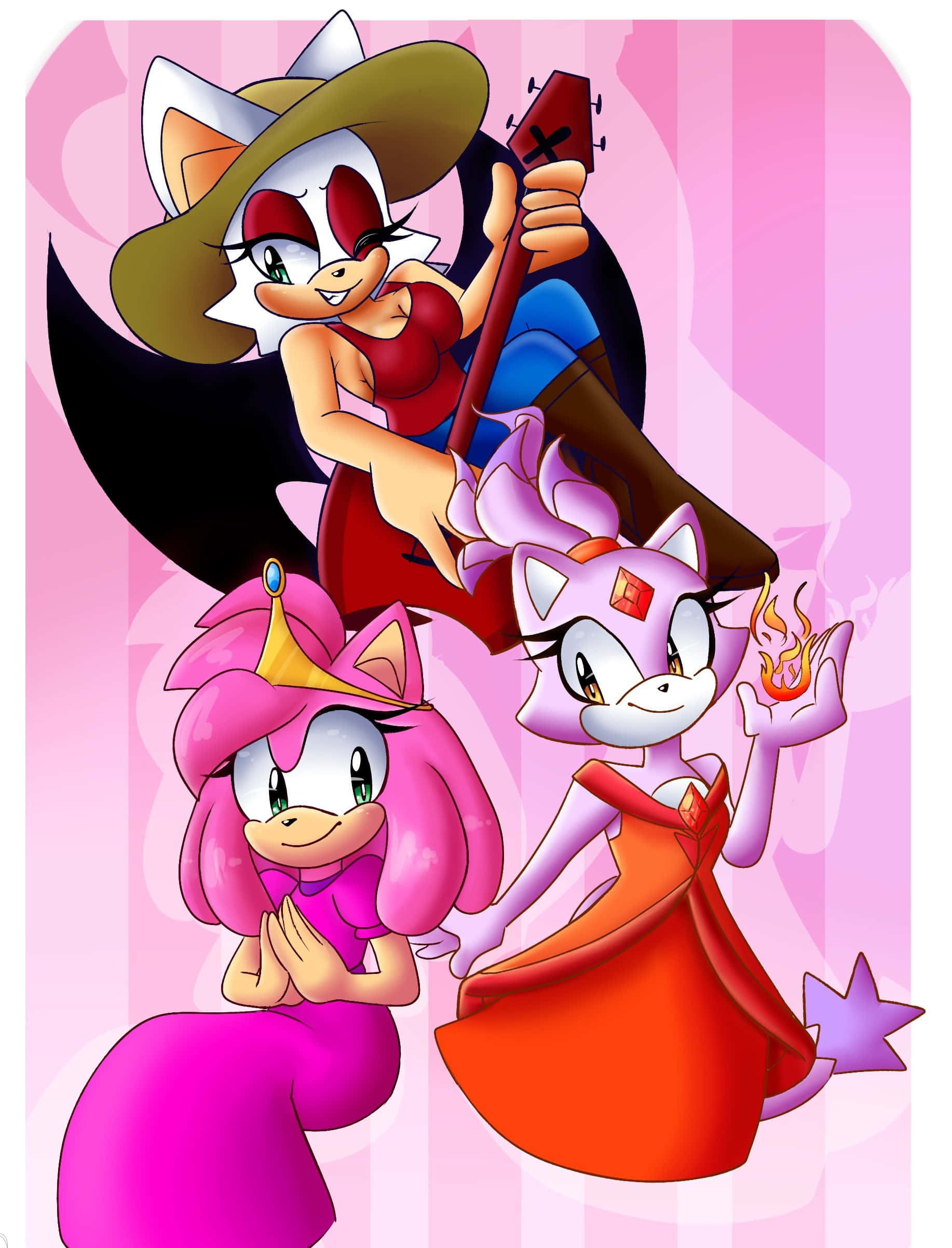 Sonic Characters 桌布 壁紙 — 三個動漫風格的貓女郎在柔和的粉紅色條紋背景前開心地擺姿勢，一個拿著結他，另一個揮舞著火焰。