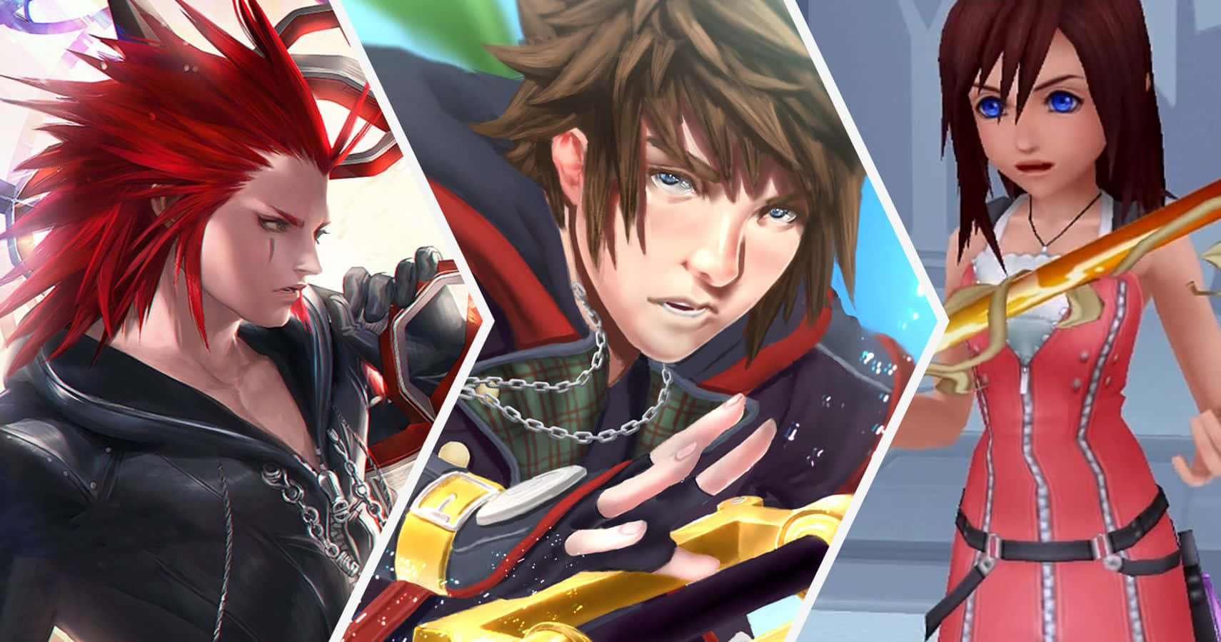 Kingdom Hearts Characters 桌布 壁紙 — 三個動漫風格的電子遊戲角色，擁有尖刺紅髮、棕髮和藍眼睛，在色彩繽紛的背景前動態擺姿勢。