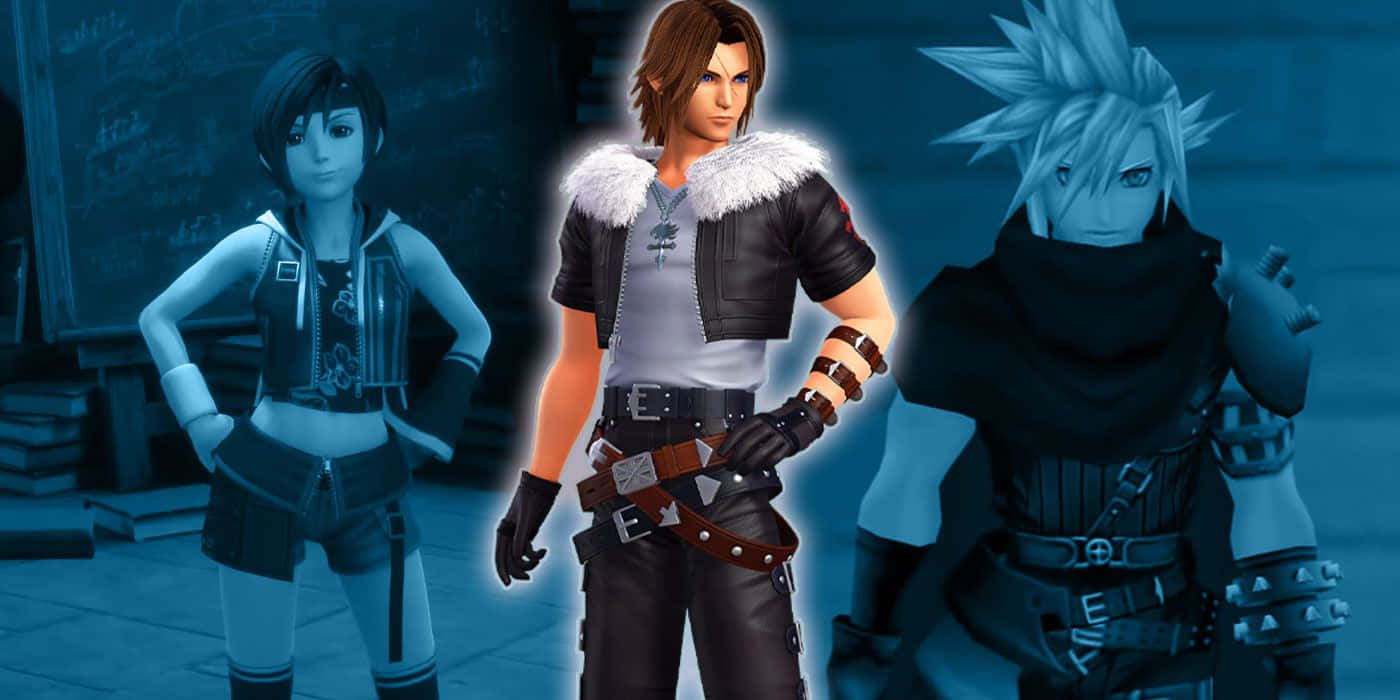 Kingdom Hearts Characters 桌布 壁紙 — 三個動漫風格的電子遊戲角色站在一個光線昏暗、帶有藍色燈光和石地板的房間裡。
