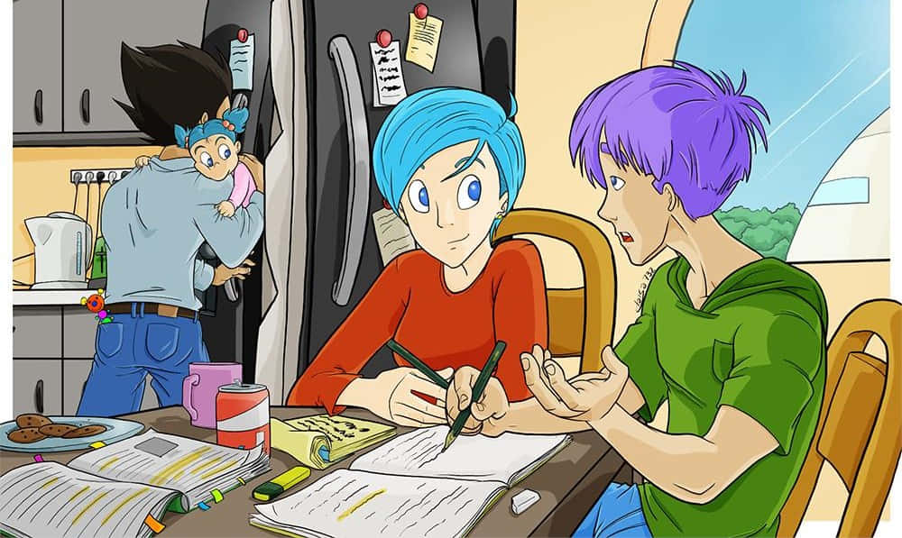 Vegeta's Family 桌布 壁紙 — 三個動漫風格的青少年在廚房裡，一個在桌上寫字，另一個生動地做手勢，第三個在雪櫃後面抱著一個嬰兒。