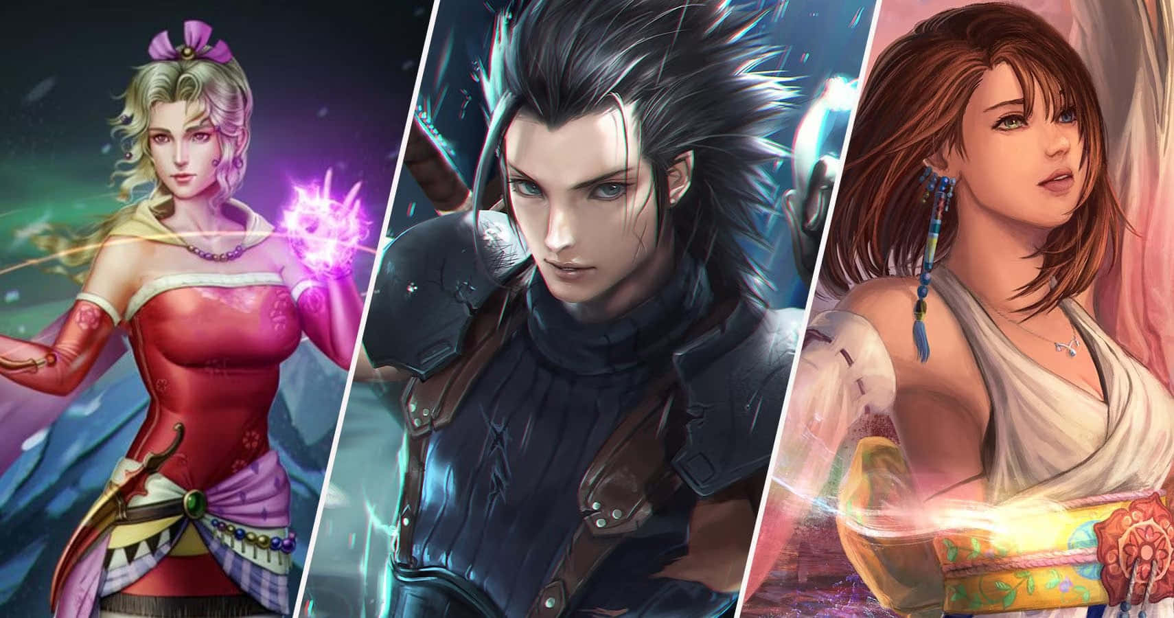 Final Fantasy Characters 桌布 壁紙 — 三個動漫風格角色，各自以動態姿勢揮舞著發光的魔法或科技力量。