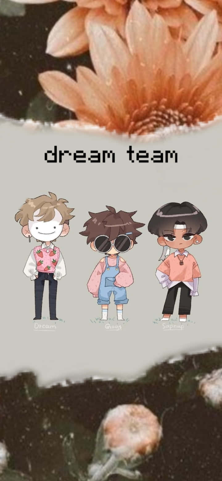 Minecraft Youtubers 桌布 壁紙 — 三個動漫風格角色站在一朵大橙色花下，花上有文字 dream team。