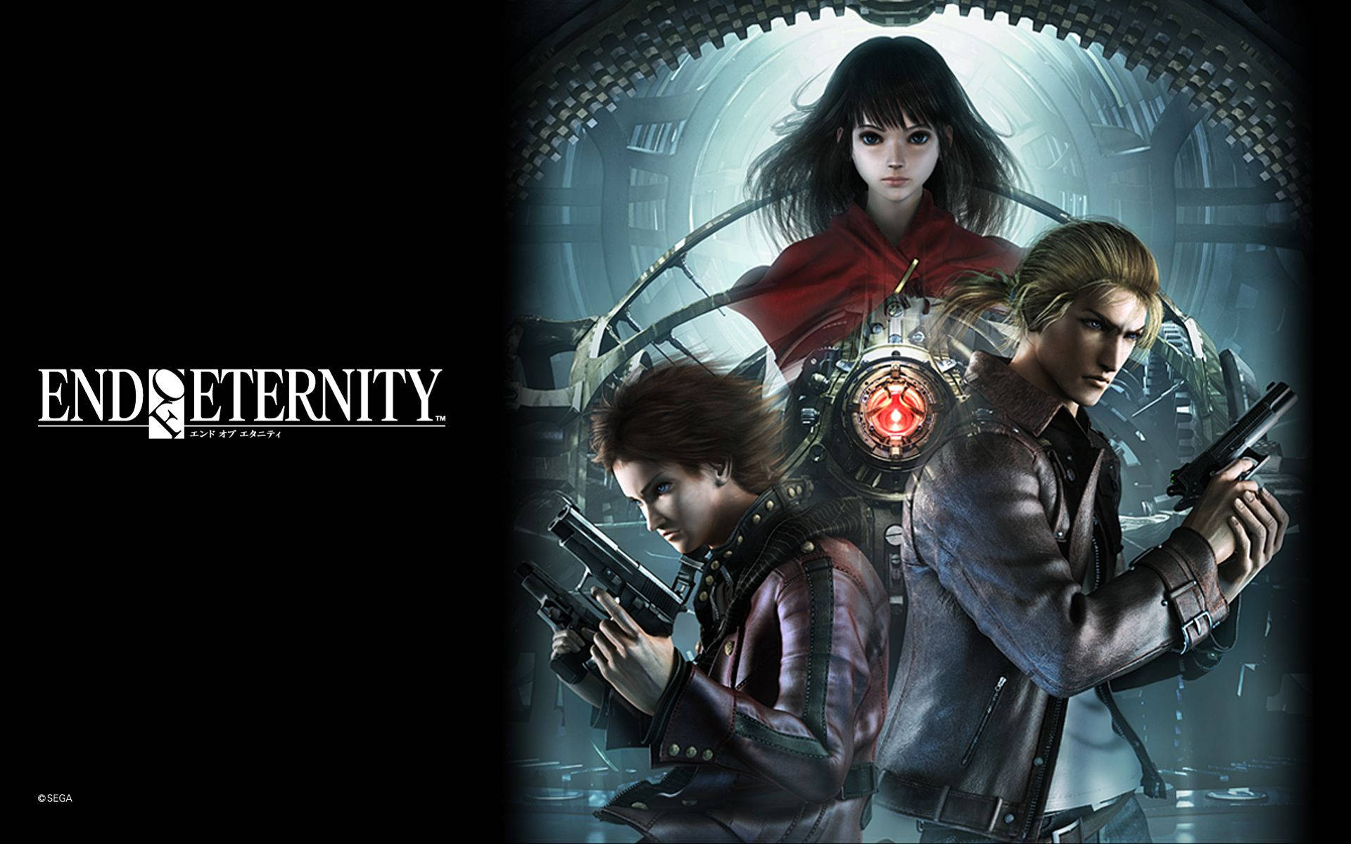Resonance of Fate 壁紙 — 三個動漫風格角色身穿皮夾克，在未來金屬房間中，於發光紅色核心前手持槍械。