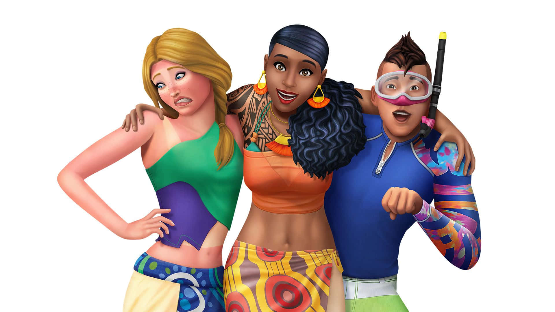 The Sims 4 桌布 壁紙 — 三個動畫 Sims 角色穿著色彩繽紛的泳裝，在純白色背景前愉快地擺姿勢。