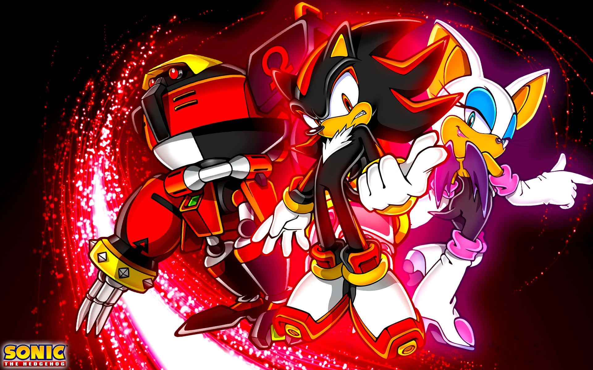 Rouge The Bat 桌布 壁紙 — 三個動畫刺蝟角色以動態姿勢，襯托旋轉的紅黑能量漩渦背景。