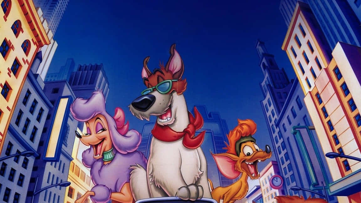 oliver and company 桌布 壁紙 — 三個動畫動物角色在夜間愉快地穿過充滿活力的卡通城市景觀。