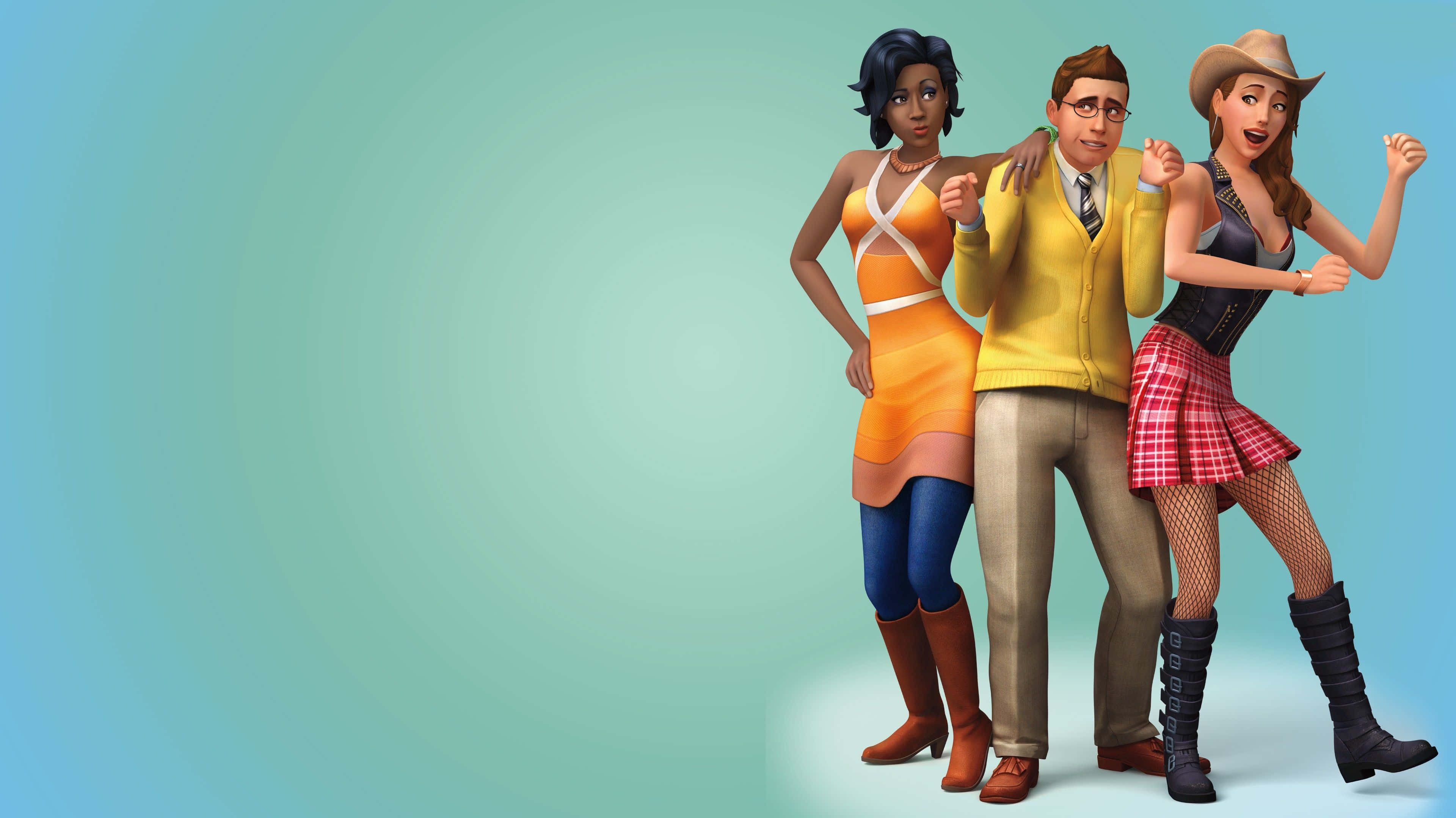 The Sims 4 桌布 壁紙 — 三個動畫化的Sims角色在柔和的青綠色漸變背景前愉快地擺姿勢。