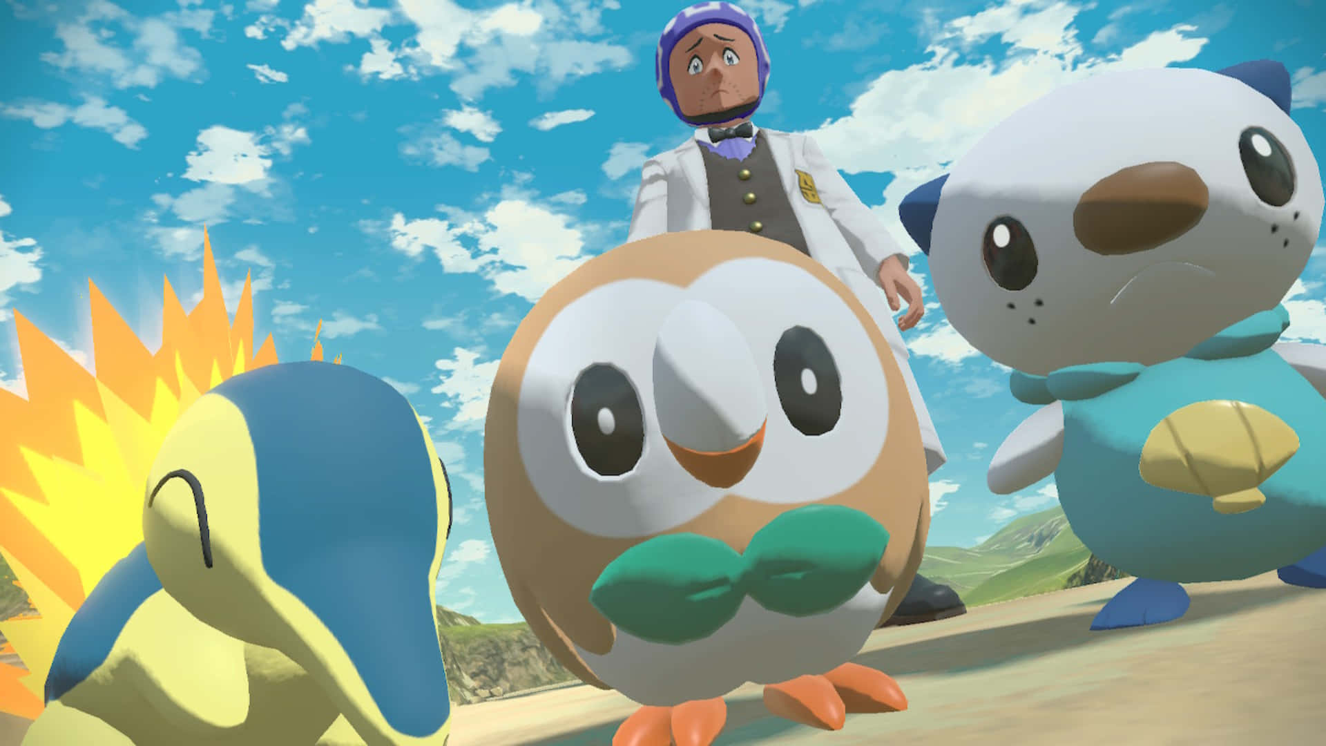 Pokemon Virtual World 桌布 壁紙 — 三個動畫化的寶可夢角色站在戶外，頭頂是明亮的藍天和蓬鬆的雲朵。
