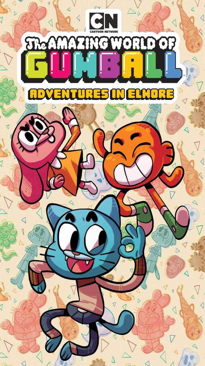 the amazing world of gumball 桌布 壁紙 — 三個動畫卡通角色在充滿重複角色剪影的圖案背景上歡樂跳躍。