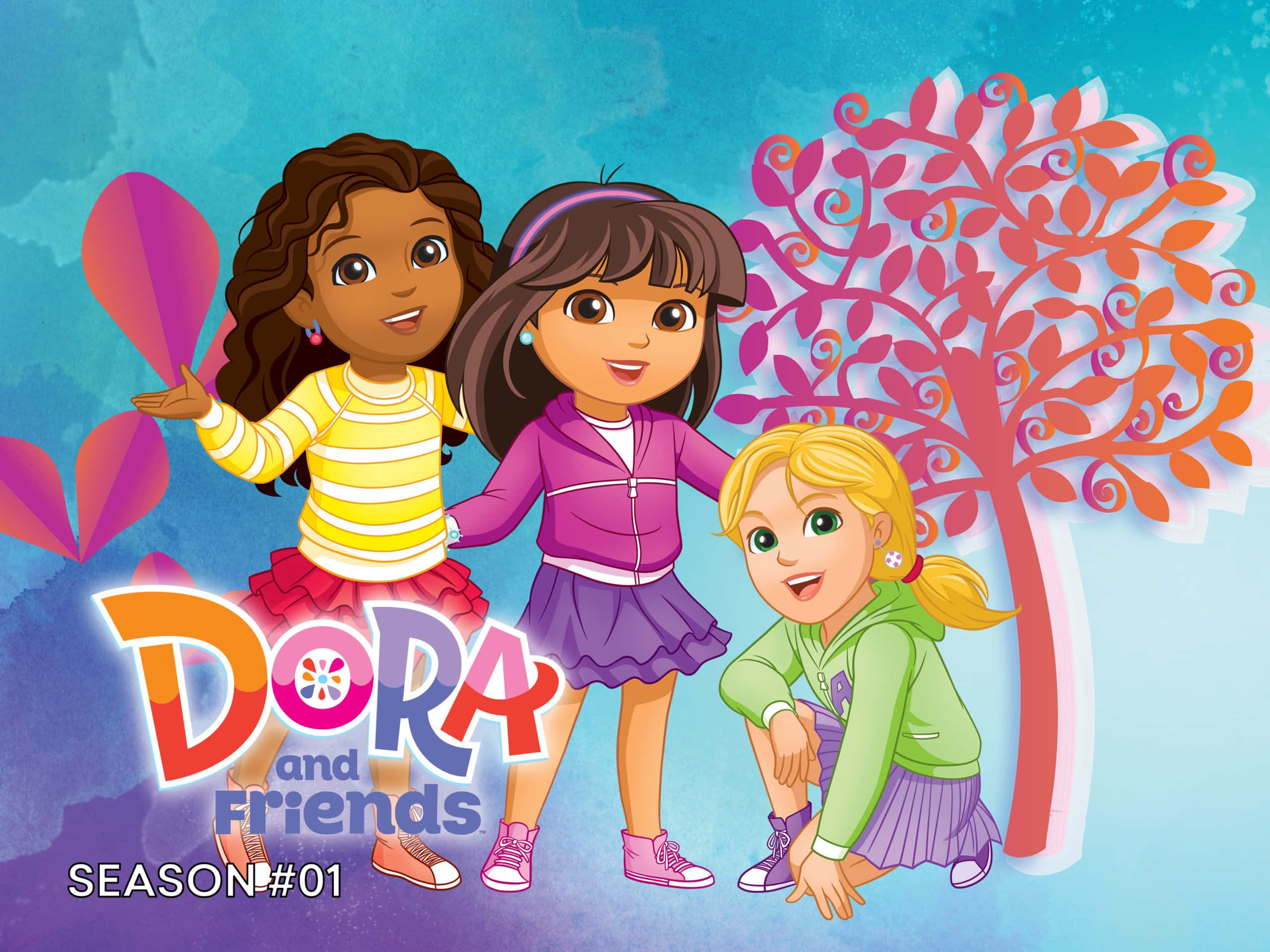 Dora 桌布 壁紙 — 三個動畫女孩一起站在一棵風格化的樹下，樹葉旋轉，背景是漸變藍色。