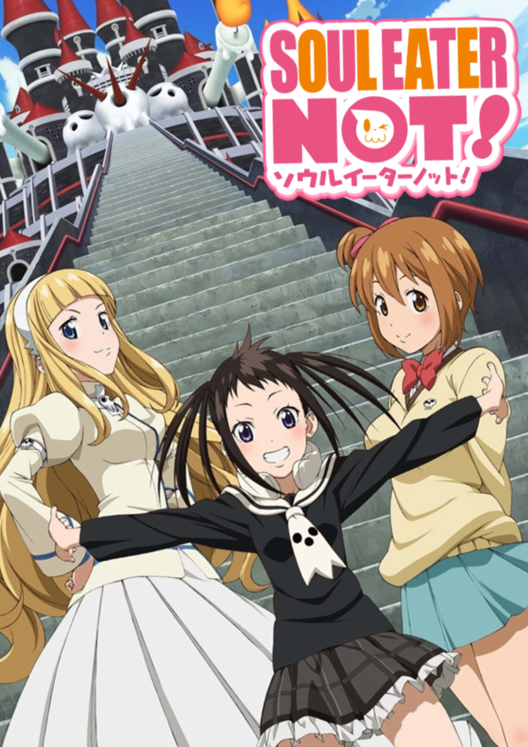 Soul Eater 壁紙 — 三個動畫女學生穿著校服，在通往城堡的大樓梯底部愉快地擺姿勢，城堡裡有鬼影和火把。