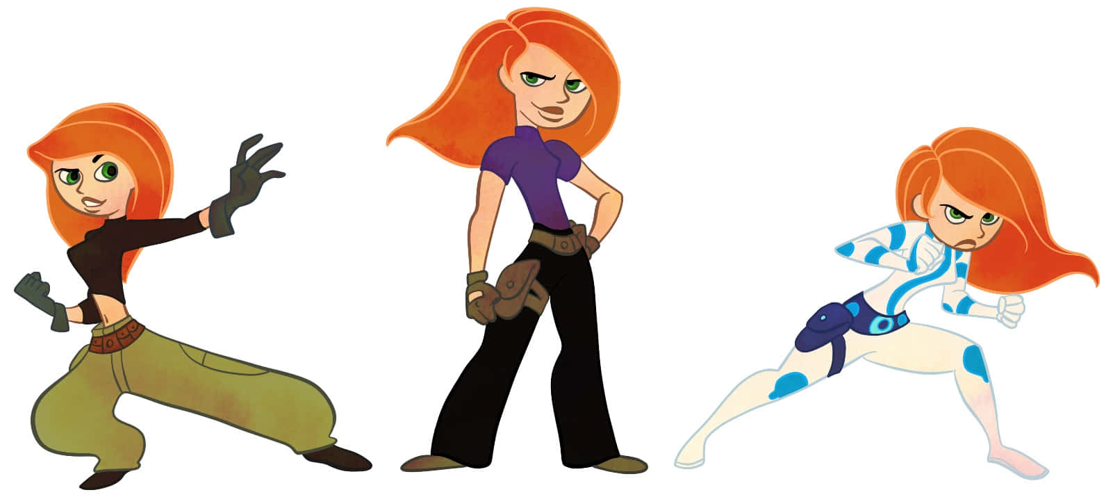 kim possible 桌布 壁紙 — 三個動畫女性角色，擁有火橙色頭髮，穿著不同服裝，在純白色背景前動態擺姿勢。