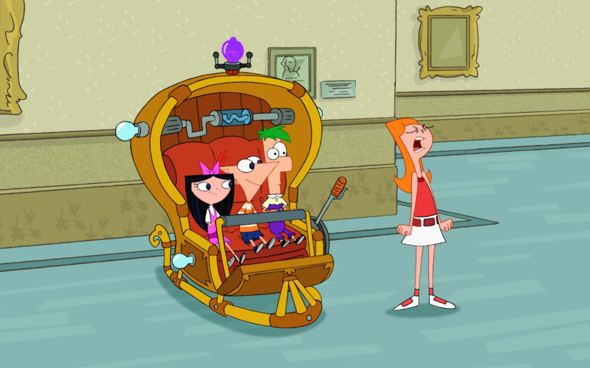 Phineas And Ferb 桌布 壁紙 — 三個動畫小孩坐在蒸氣龐克風格的飛天椅上，看到一個穿紅衣的女孩驚恐尖叫，顯得嚇了一跳。
