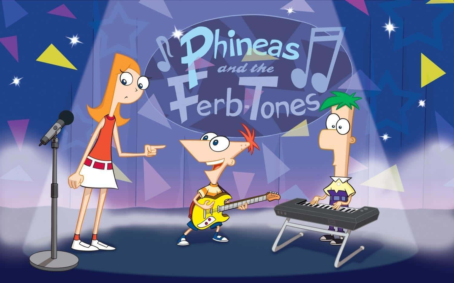 Phineas And Ferb 桌布 壁紙 — 三個動畫樂隊成員在舞台燈光下表演，背景是色彩繽紛的幾何圖案和音符。