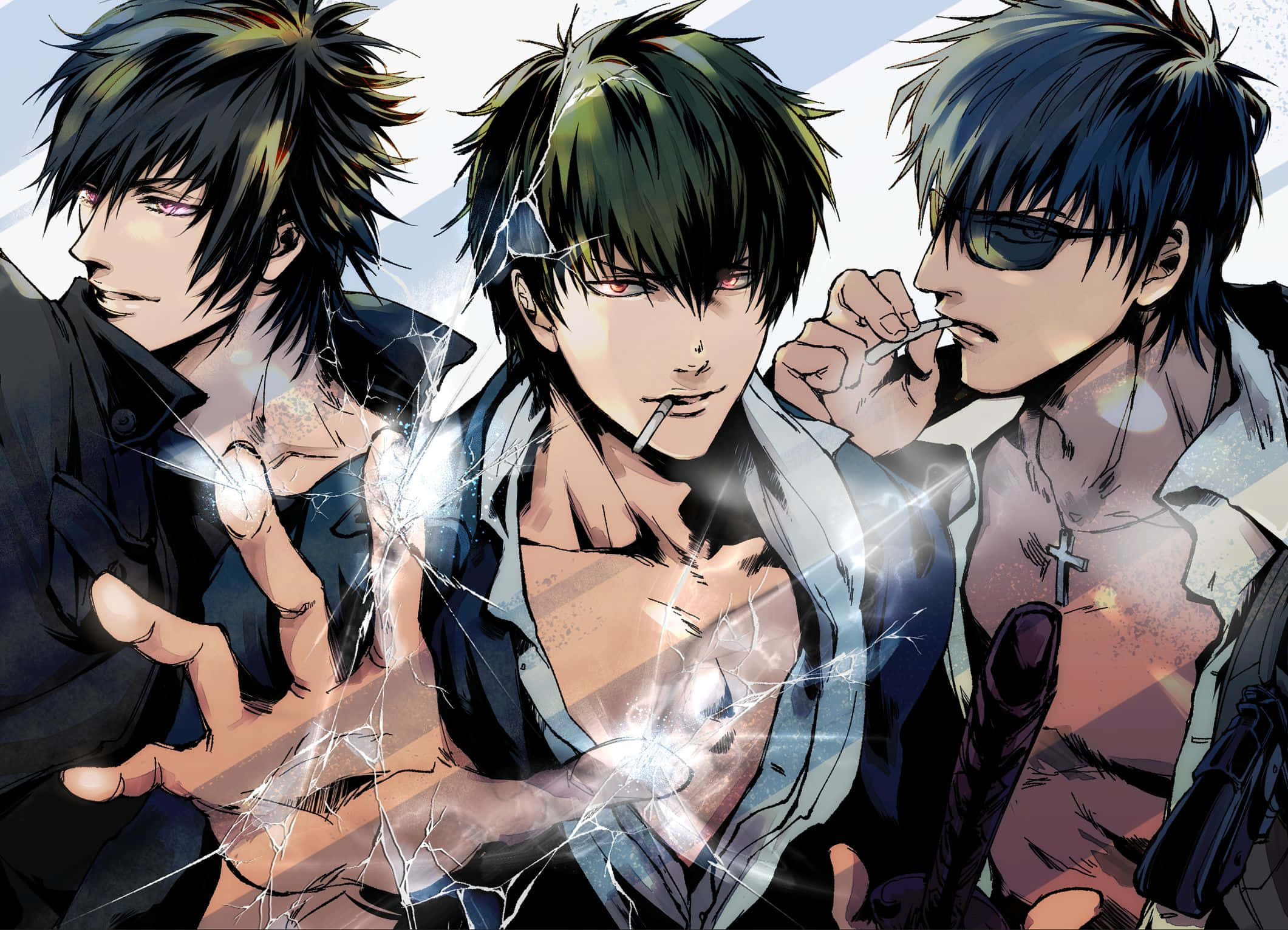 Nicholas D Wolfwood 桌布 壁紙 — 三個動畫男人，表情強烈，手上和臉上閃爍著發光的能量。