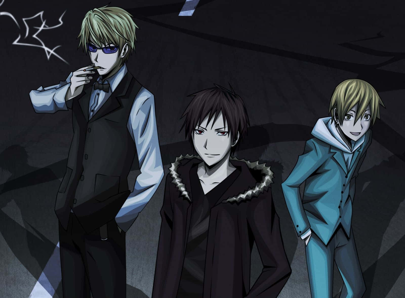 durarara 桌布 壁紙 — 三個動畫男孩穿著深色都市服裝，站在陰暗的牆邊，一個抽煙，另一個微笑，第三個直視前方。
