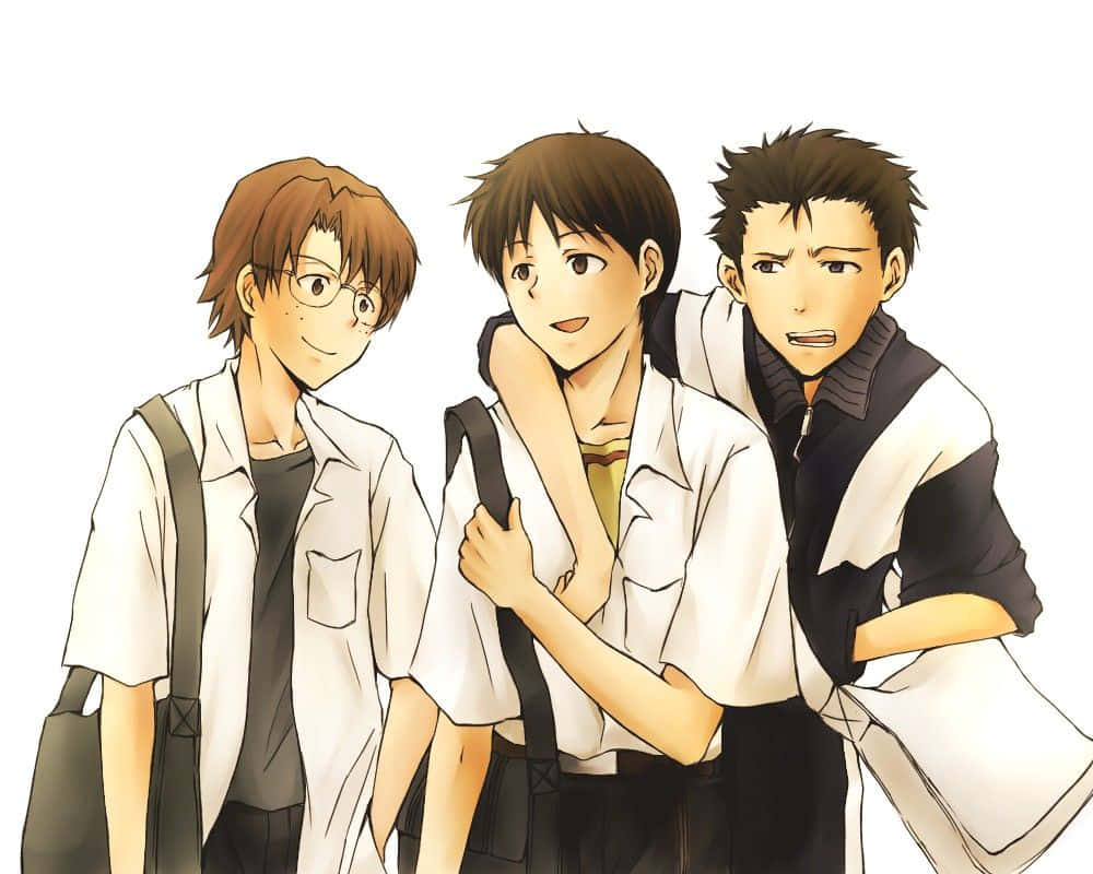 Kensuke Aida 桌布 壁紙 — 三個動畫男學生穿著校服，在純白色背景前表情豐富地緊密站在一起。