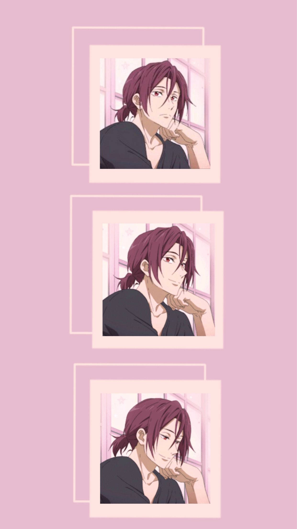 Aesthetic Anime 桌布 壁紙 — 三個動畫肖像，展示一個紅髮男子穿著黑色襯衫，以堆疊框架形式呈現於柔和粉紅色背景上。