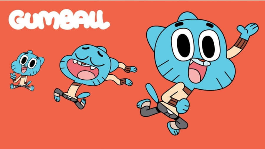 the amazing world of gumball 桌布 壁紙 — 三個動畫藍色貓角色在純珊瑚色背景上歡快地跳躍，上方有GUMBALL字樣。