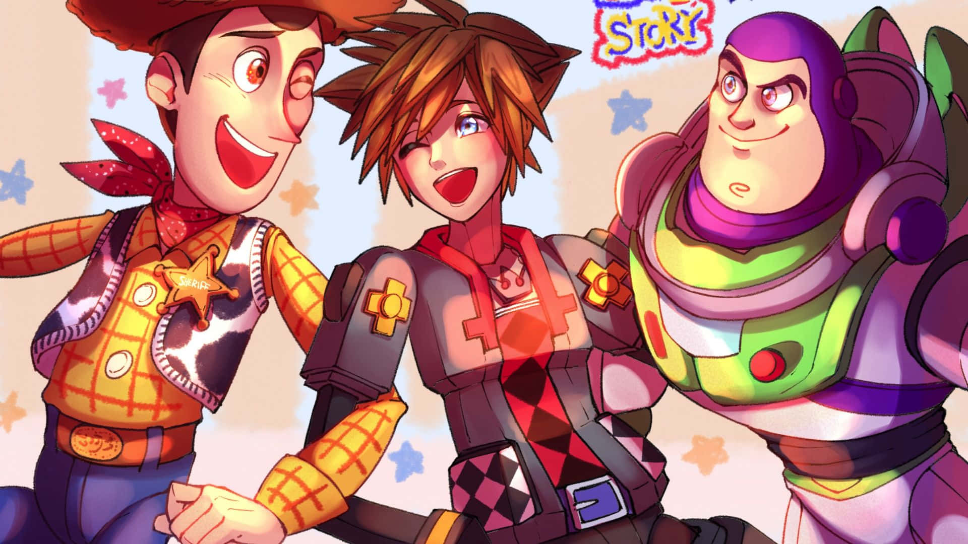Kingdom Hearts 桌布 壁紙 — 三個動畫角色 Woody Sora 和 Buzz Lightyear 在星空粉彩背景前一起微笑。