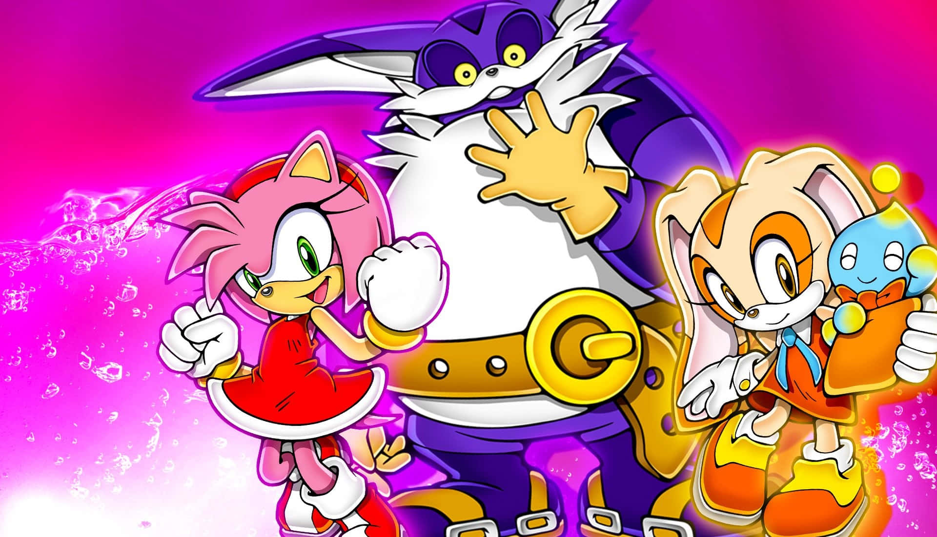 Big The Cat 桌布 壁紙 — 三個動畫角色以鮮豔的粉紅色、紫色和橙色色調，在發光的洋紅色背景前動態擺姿勢。