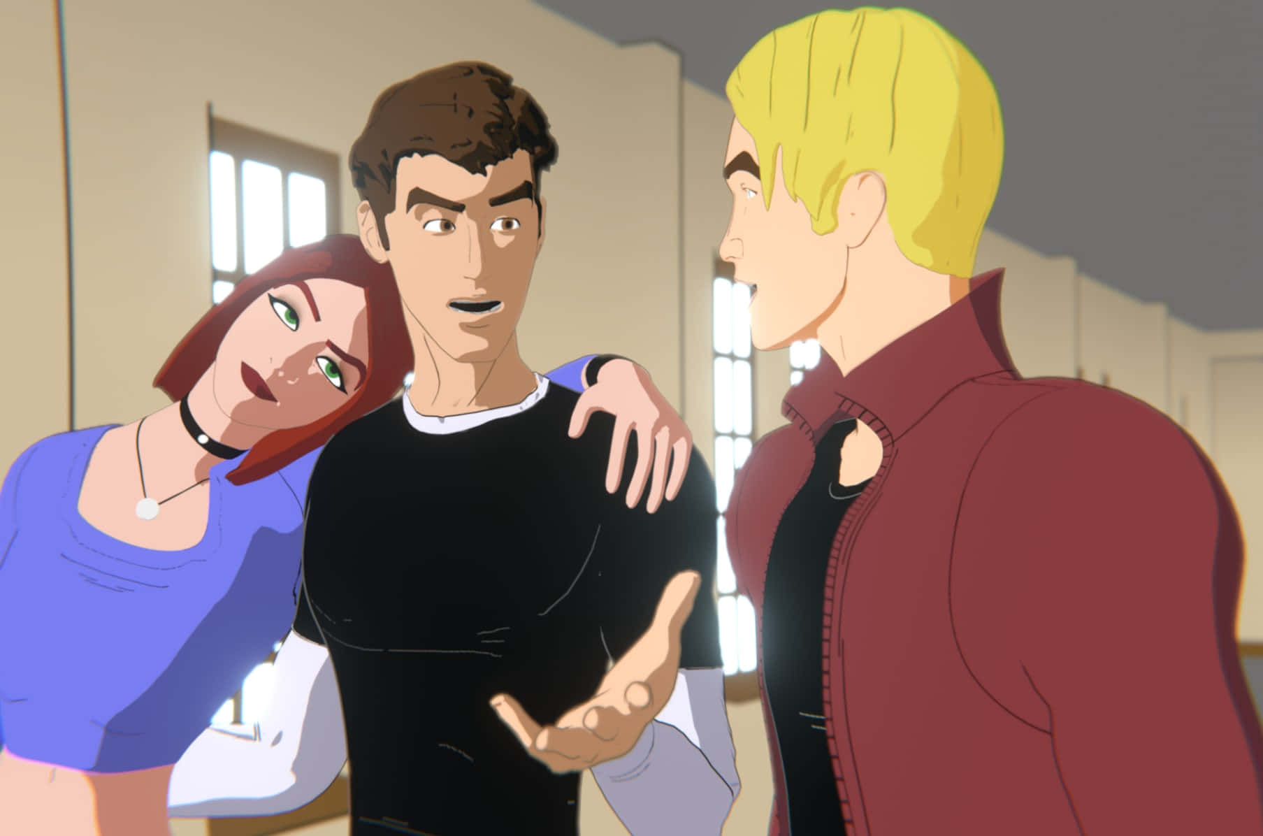 Animated Tv Show 桌布 壁紙 — 三個動畫角色在緊張的室內場景中，一名男子做手勢，旁邊有一名女子和另一名男子。