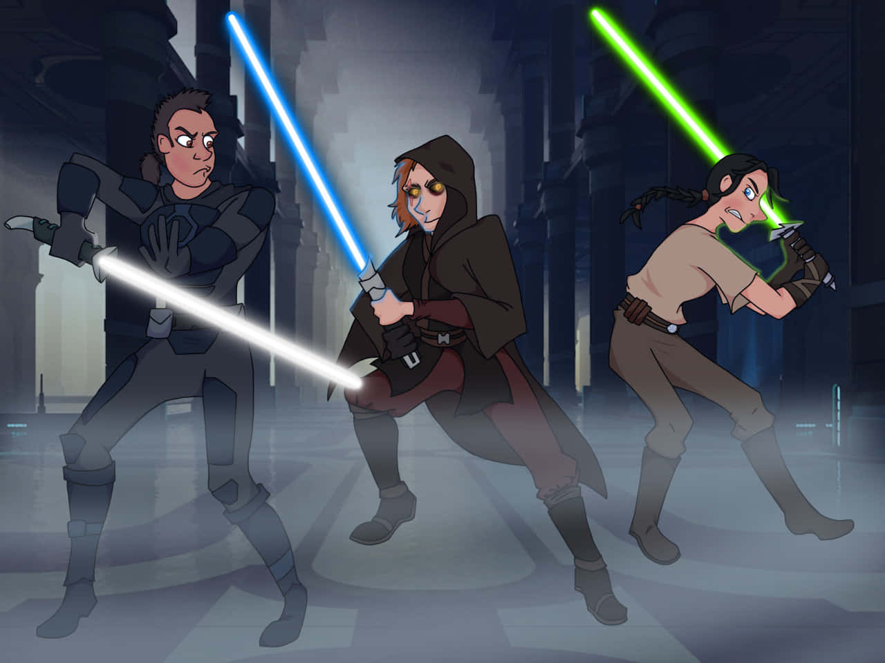 The Great Jedi Purge 桌布 壁紙 — 三個動畫角色在黑暗的未來主義走廊中用發光的藍色和綠色光劍決鬥。