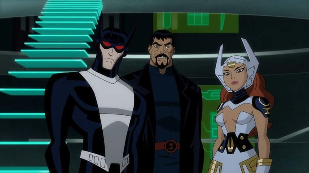 Justice League Gods And Monsters 桌布 壁紙 — 三個動畫超級英雄站在一個高科技房間內，身後有發光的青綠色樓梯。